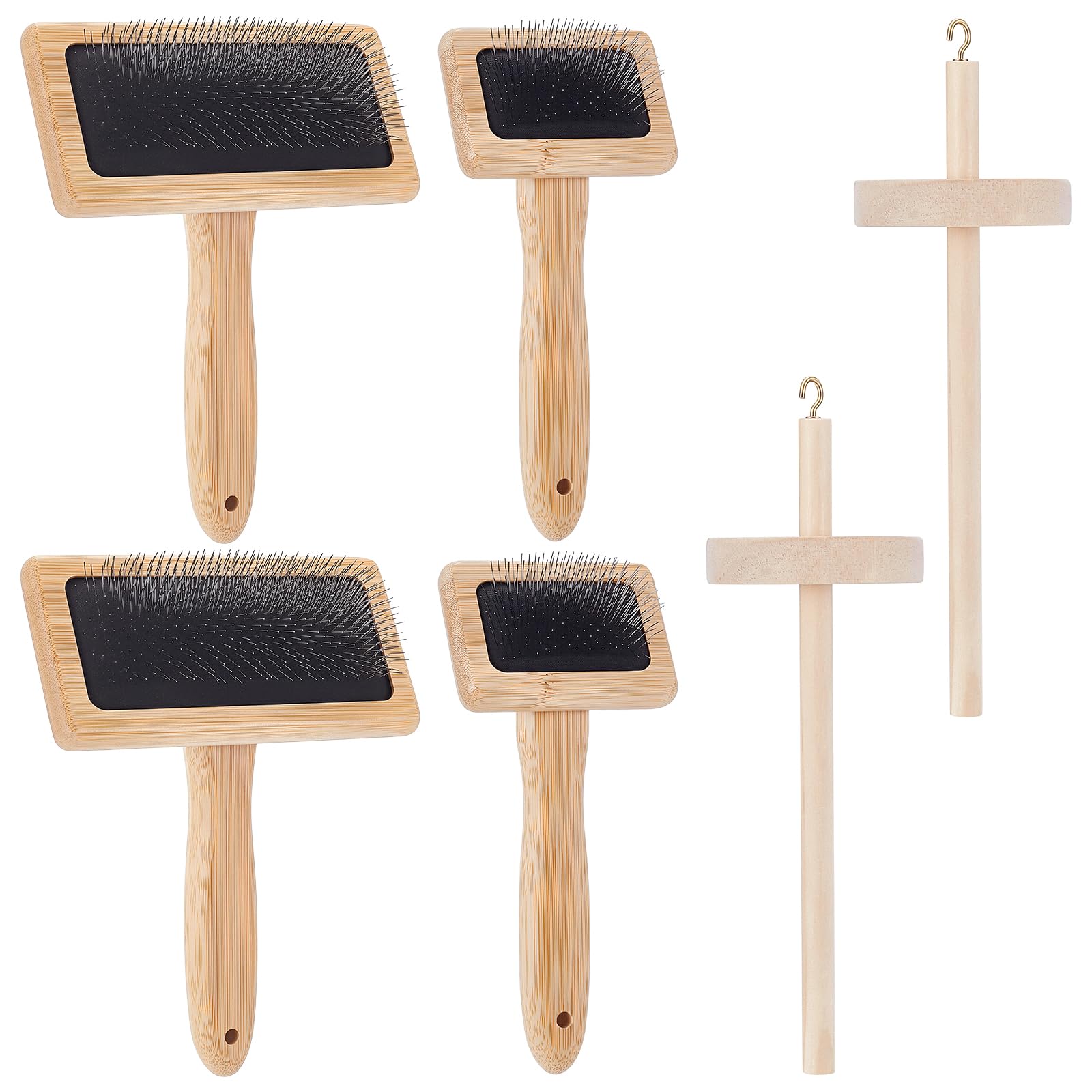 Ensemble de 6 fuseau à Main en Bois et Carde à Laine Carde à Laine en Bois Brosse Carde Manuelle Aiguille à Filer Outils de Feutrage pour le Mélange de Fils le Filage le Tissage Fournitures