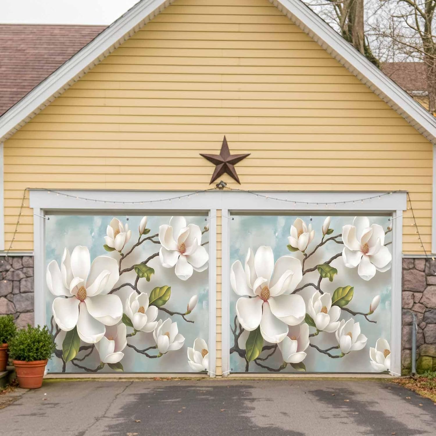 Garage Door Banner 6.9x8ft,White Floral Magnolia Leaf Garage Door Cover Large Backdrop Banners Wall Decorations for Indoor Outdoor Holiday Party,Farmhouse Classic Flower