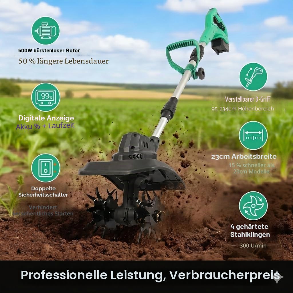 Akku Gartenfräse mit Schultergurt & Display | 500W Brushless Motor Bodenhacke | 23cm Arbeitsbreite | Kompatibel mit Makita 18V & DeWalt 20V Akkus | Motorhacke akku für Gemüsegarten | CE-Zertifiziert