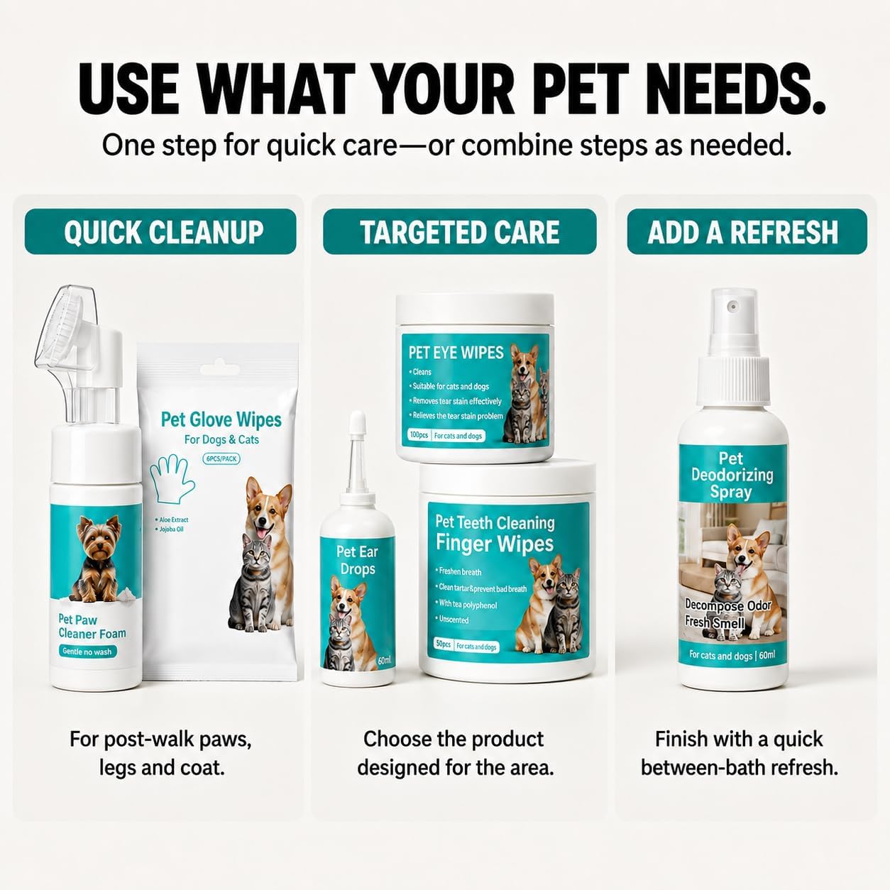 6-in-1 Dog Grooming Kit - Ear Cleaner, Paw Foam, Eye & Dental Wipes