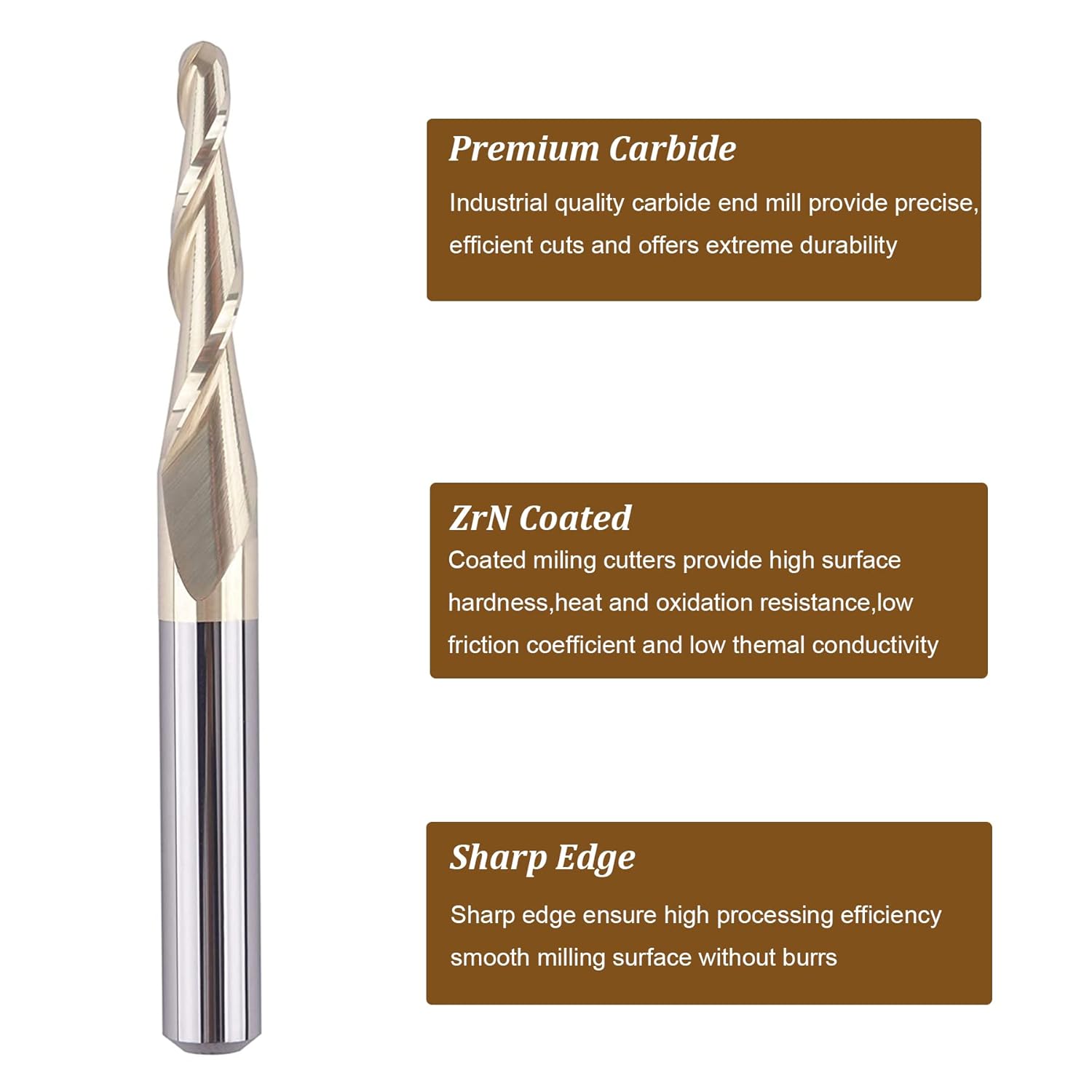 SpeTool Tapered Ball Nose End Mill 1/4" Shank with 1/16" Cutting Radius for 3D Carving Engraving Router Bit, ZrN Coated