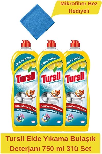 TURSIL Elde Yıkama Bulaşık 750 ml 3'lü Set + Mikrofiber Bez Hediyeli