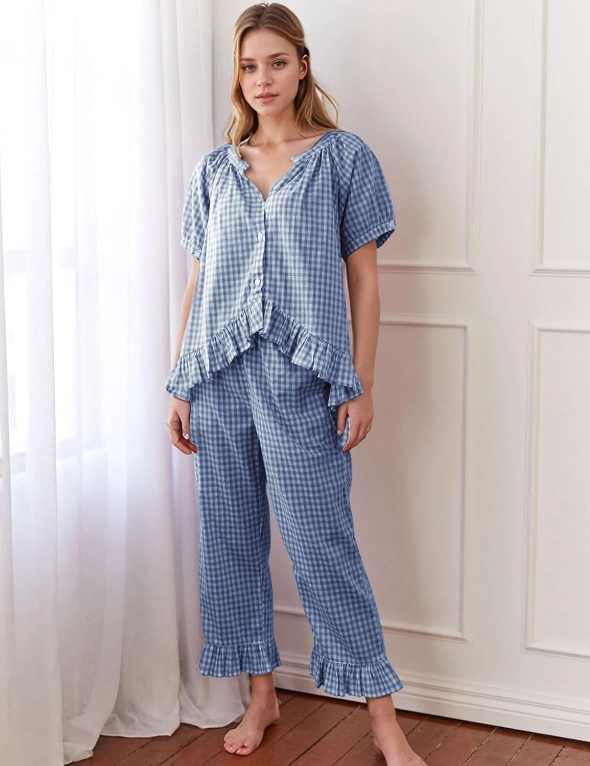 Flygo Womens Plaid 2 Piece Pajamas Sets Gingham Button Down Puff Sleeve Babydoll Shirt Ruffle Pants Y2K Pjs Lounge Set - Image 2