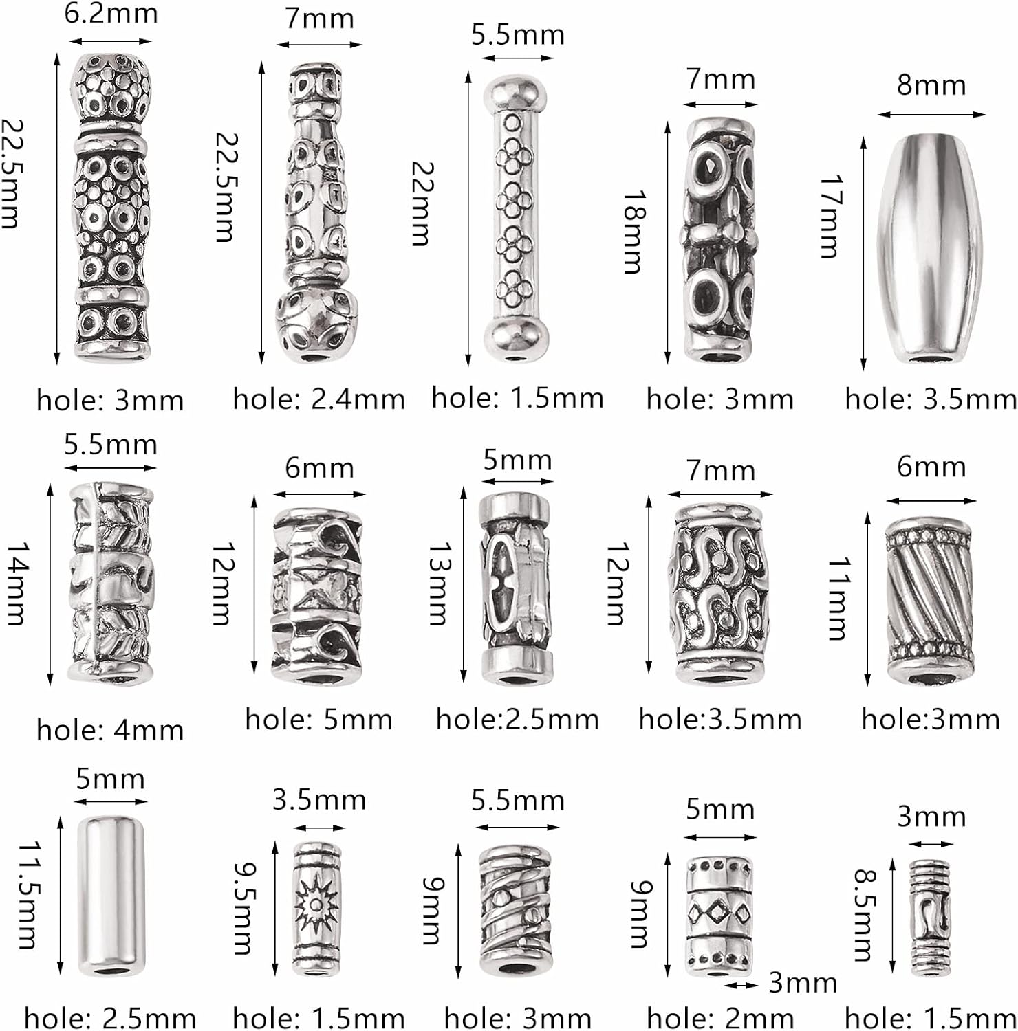 BEEFLYING 150pcs 15 Style Antique Silver Tibetan Spacer Hollow Tube Beads Large Hole Alloy Charms Metal Loose Column Spacer Beads for DIY Bracelet Necklace Jewelry Making - Image 2