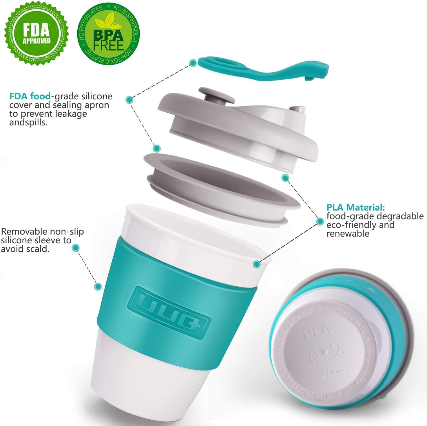 Reusable Coffee Cup, UUQ 12 oz Coffee Mugs with Organic Eco Friendly Natural Biodegradable PLA Material BPA Free, Coffee To Go Mugs for Travel and Work (Blue-green)