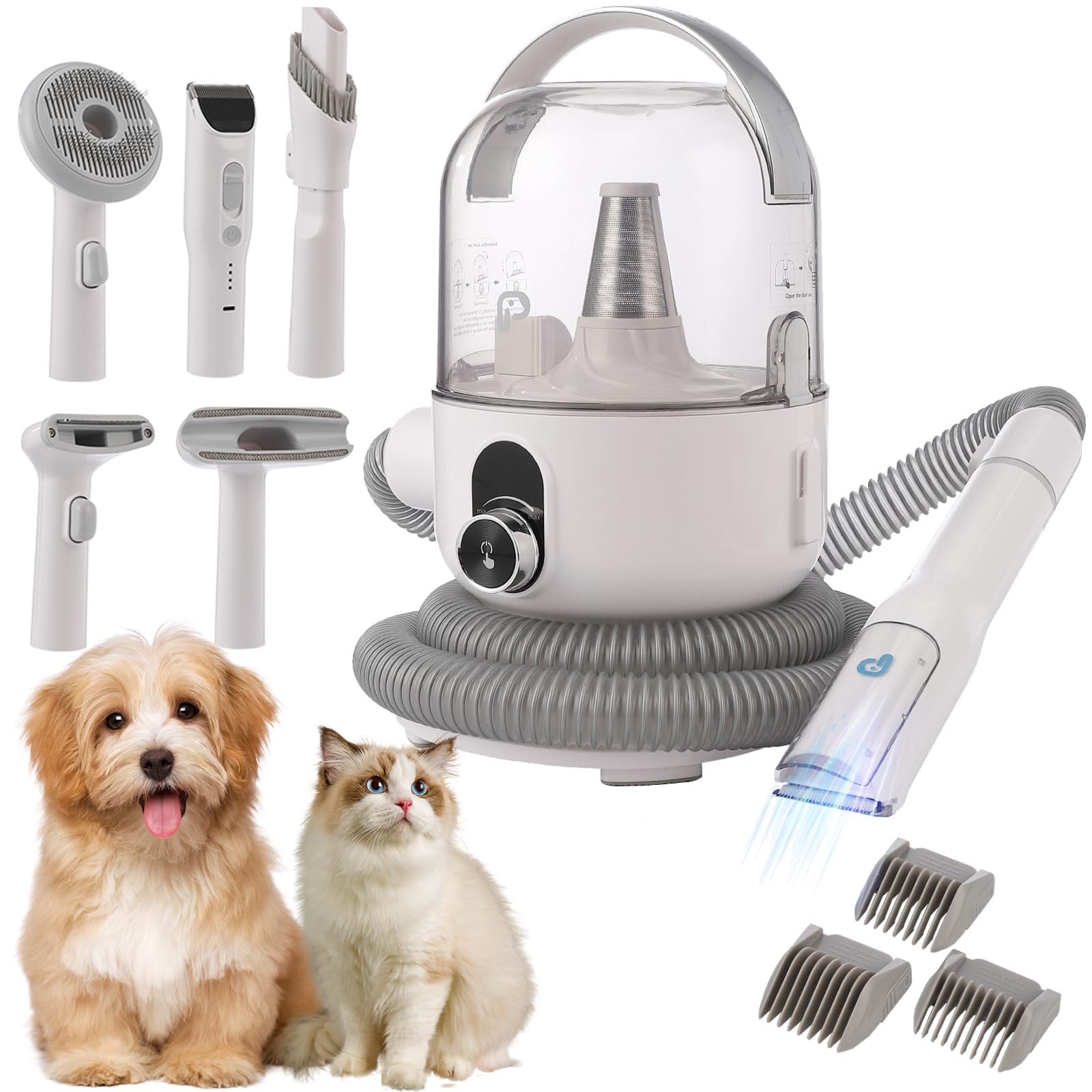 TrailBlaze Professional Pet Grooming Vacuum &amp; Clipper Kit, 16-Level Adjustable Suction 13.4KPa, 50DB Quiet Operation with 2l Dust Cup, 4 Guide Combs &amp; Storage Bag,White&amp;Gray