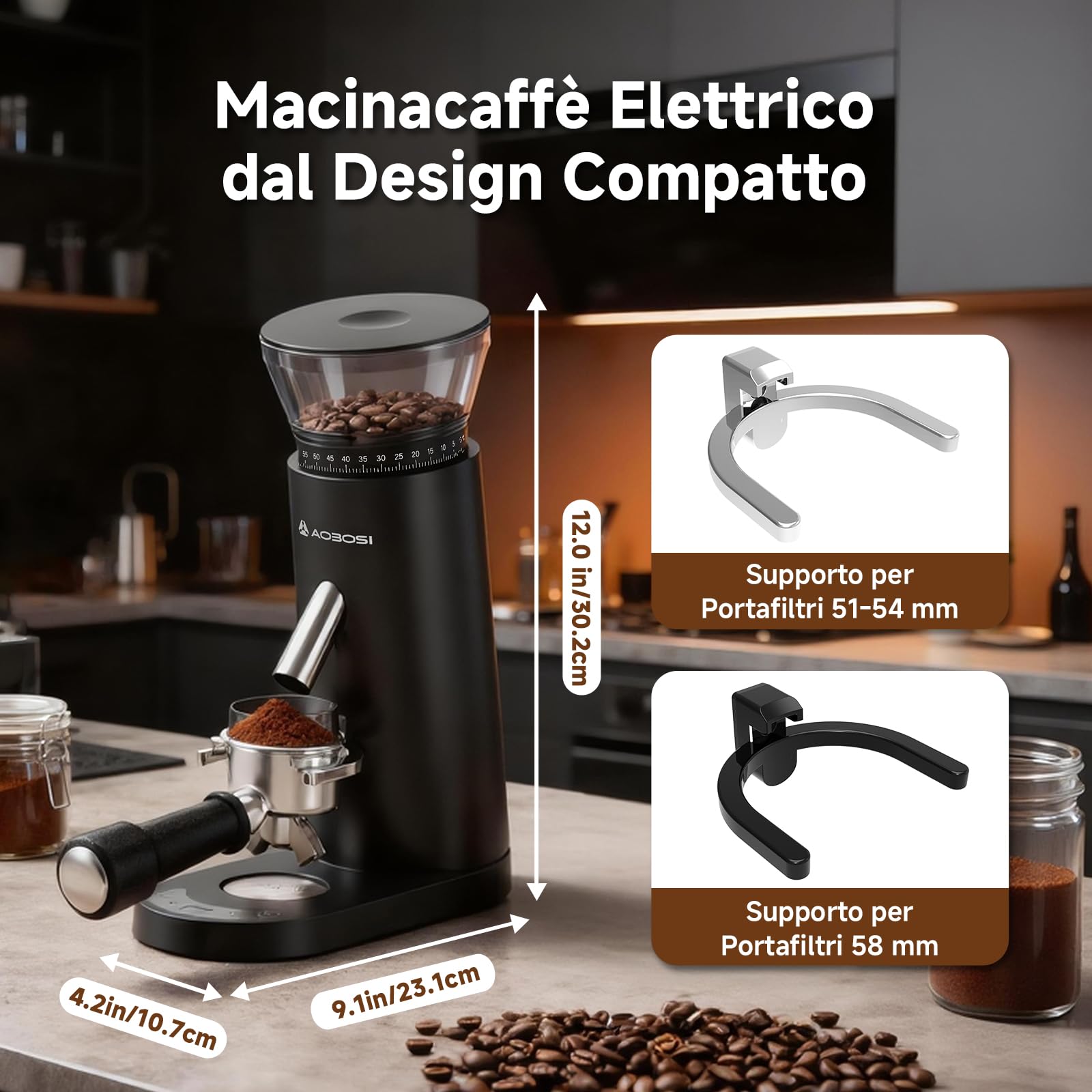 AAOBOSI Macina Caffe' Elettrico, Macina Caffè Professionale 110W, Batteria 2600mAh, Macinacaffè Portatile con 60 Livelli di Macinatura, Include Portafiltro per Macchine da Caffè Espresso