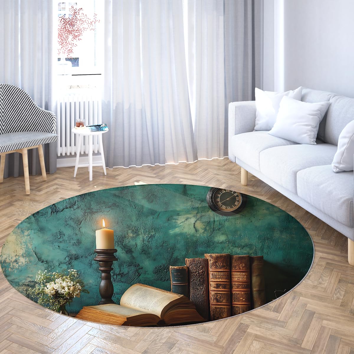 Alfombras redondas vintage biblioteca 100cm Libros viejos vela reloj pared verde texturizada alfombrilla lavable antidesl pelo bajo fina resist manchas para Oficina estudio