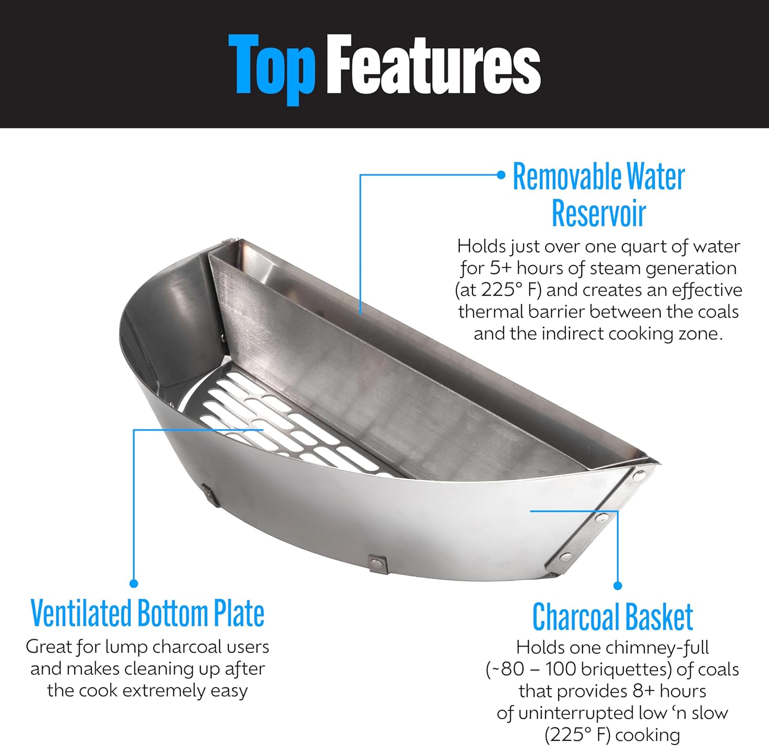 SnS Grills Slow ‘N Sear Charcoal Inserts for Low ‘N Slow & High-Heat Cooking - Patented Stainless Steel Accessories for Weber Summit and Similar Kettle Grills - Low Profile 22"