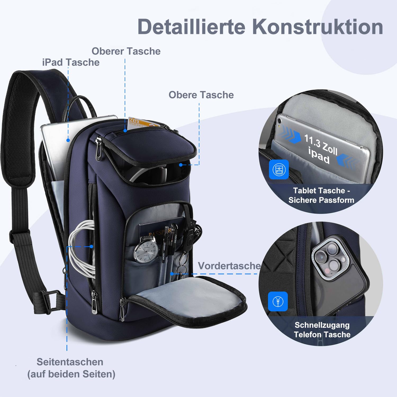 hk Brusttasche Herren Crossbody Tasche Wasserabweisend Umhängetasche mit Tabletfach für iPad 11,3 Zoll