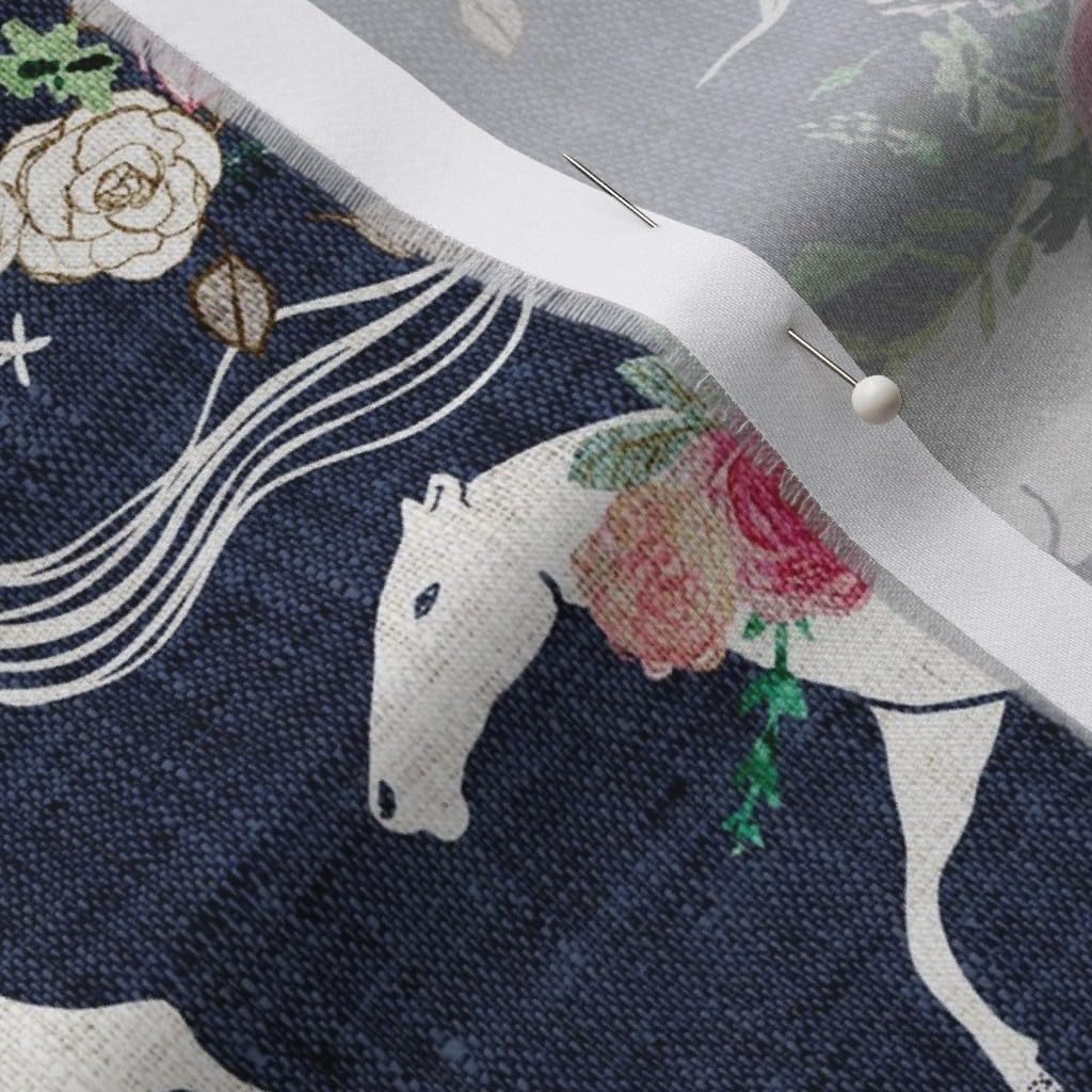 Spoonflower Fabric - Indigo Flowers Floral Horse Navy Ink Pretty Watercolor Printed on Organic Cotton Sateen Fabric by The Yard - Sewing Quilting Apparel Home Decor