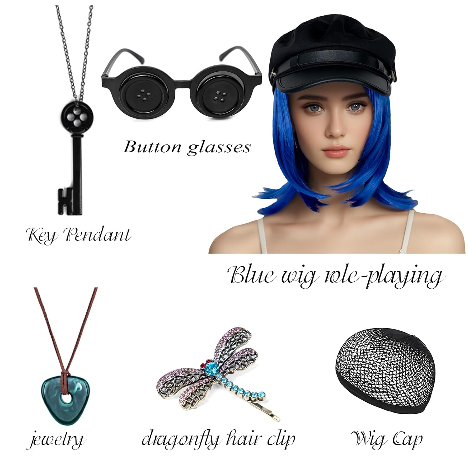 Coraline Women Cosplay Wig Dark Blue Bob Short Straight Hair Wig Button Glasses Key Necklace Gemstone Necklace Dragonfly Hairpin Costume Party Cosplay Wig (SET3)