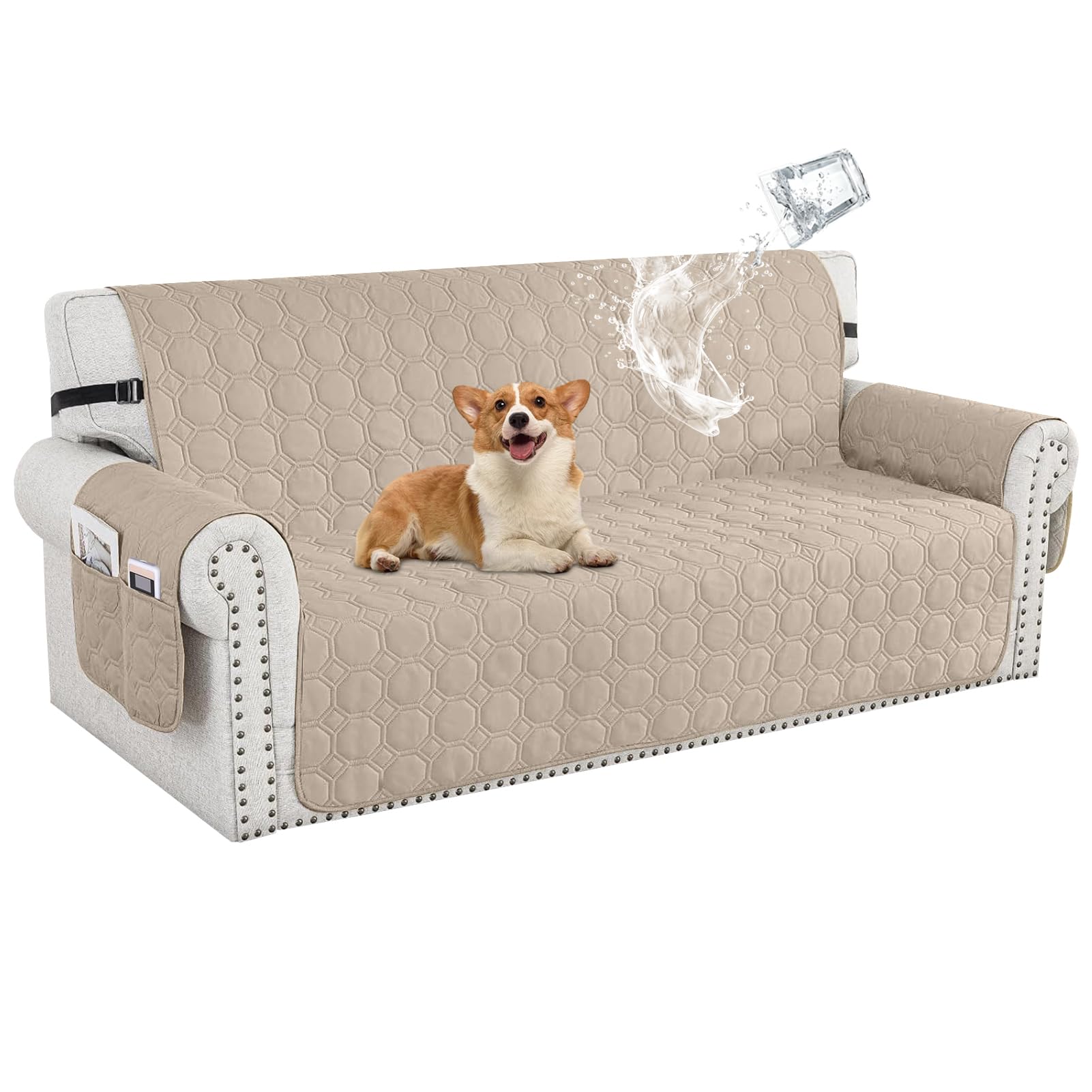 100% Waterproof Sofa Covers for Pets, Non Slip Sofa Slipcovers Couch Cover for Living Room Washable Pet Couch Cover with Elastic Straps Furniture Protector (Beige,3 Seater)