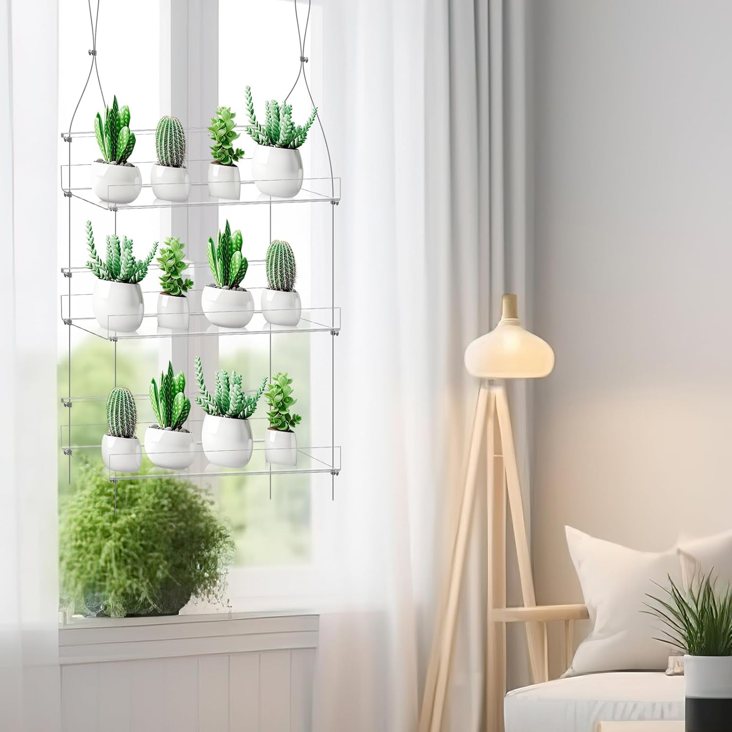 2 Pcs 16 Inch 3 Tier Clear Hanging Window Plant Shelves Acrylic Shelves Hanging Plant Stand Window Hanger Flower Pot Organizer Storage for Indoor Wall Garden Grow Herb