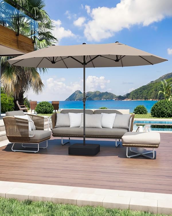GDPFN 15FT Large Patio Umbrella with Base Included, Outdoor Deck Standing Umbrella with Crank Handle, Double-Side Rectangular Pool Umbrella for Outside, Market, Patio, Beige by GDPFN - Used condition - US$110.49