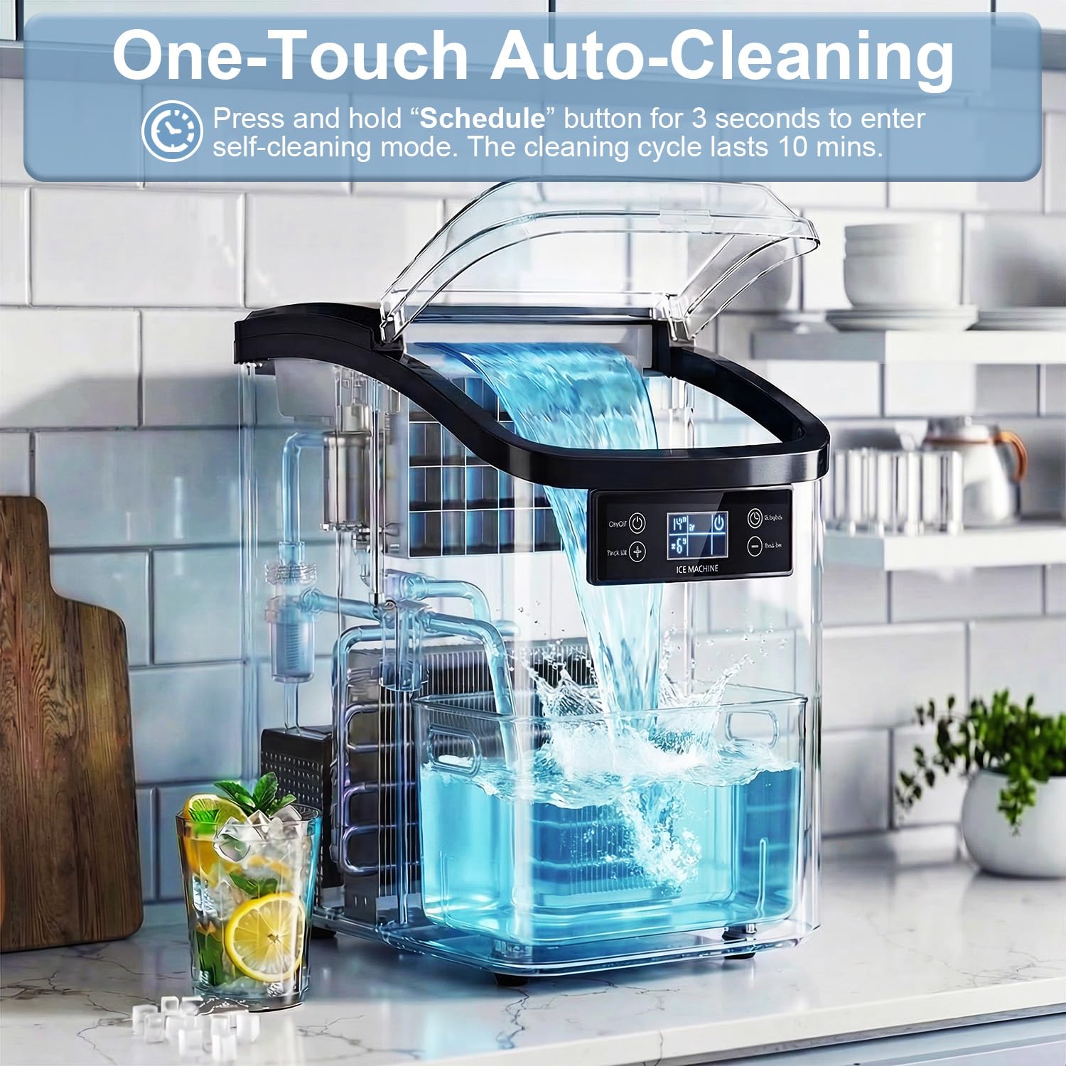 Waleaf 44LBS/24H Countertop Nugget Ice Makers with Timer, 24PCS Ice Cubes Ready in 6 Mins,Portable Auto-Cleaning Ice Machine with 2L Water Tank, for Home Kitchen Camping RV - 4