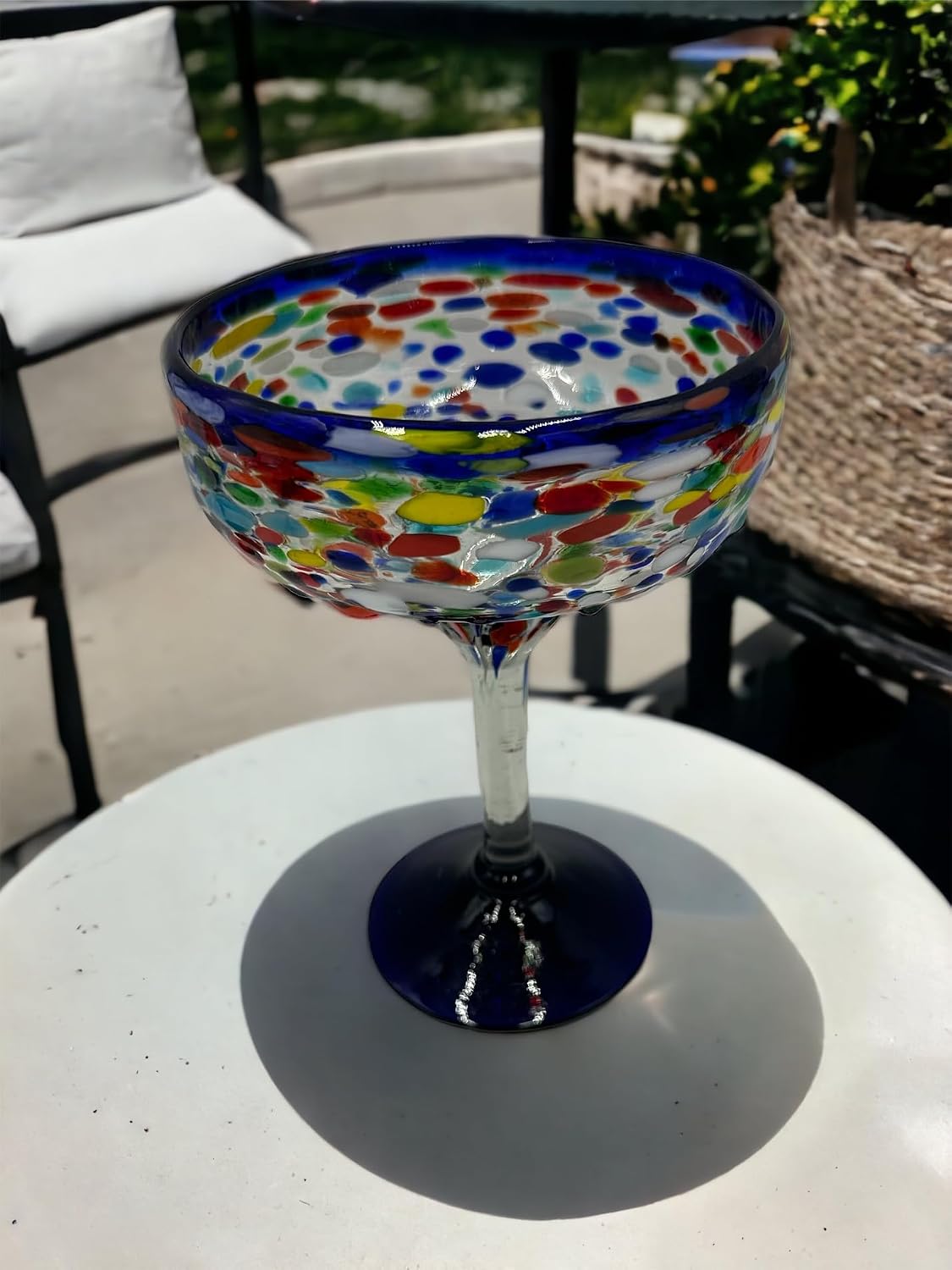 Blue Rim Handblown Mexican Glassware Set | 7-Piece Margarita Glasses and Textured Pitcher