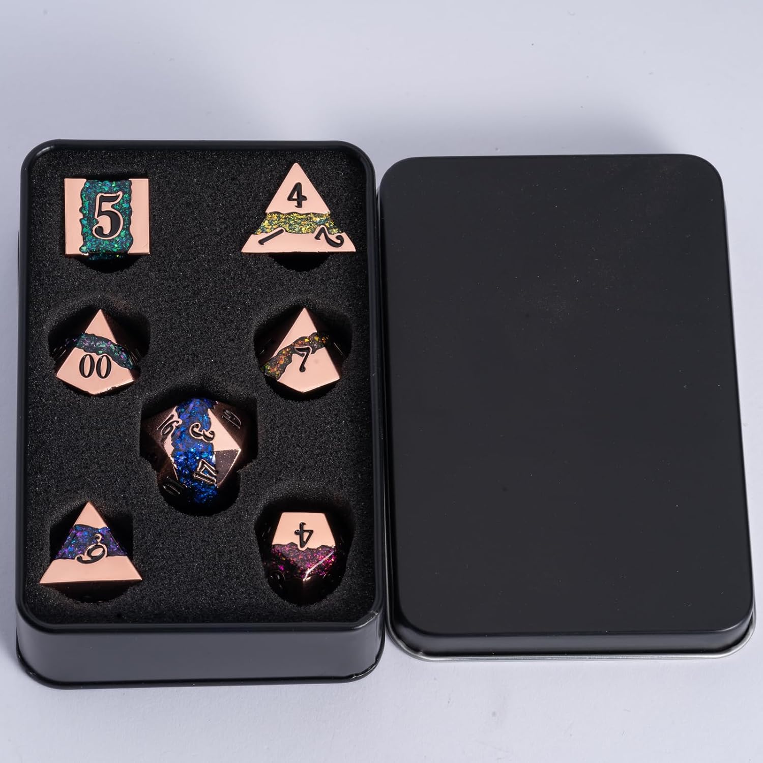 Metal Polyhedral Dice Set, 7PCS RPG Dice with Galaxy Glitter Resin Inlay for Dungeons and Dragons, Pathfinder Tabletop Role Playing Games