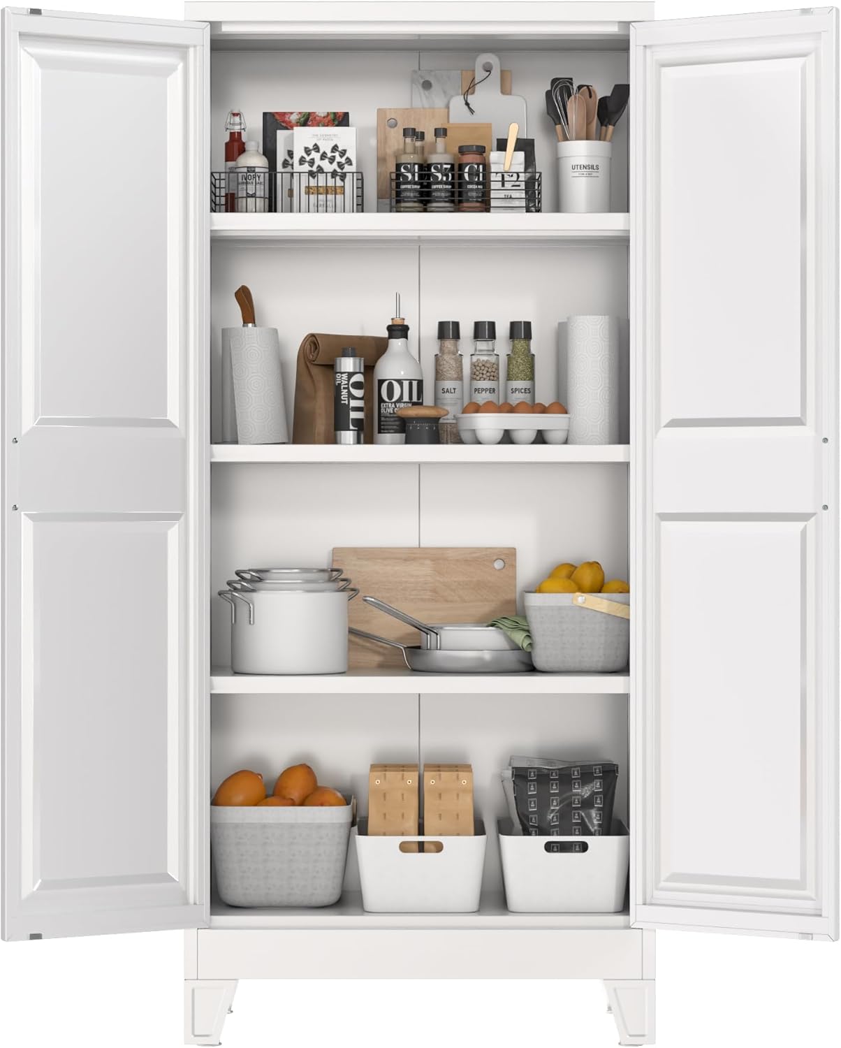 61.49''H Metal Pantry Storage Cabinet with 3 Adjustable Shelves,Farmhouse Kitchen Pantry Cabinet with 2 Doors for Home Kitchen,White, Assemble Required,13.7" D x 27.5" W x 61.4" H