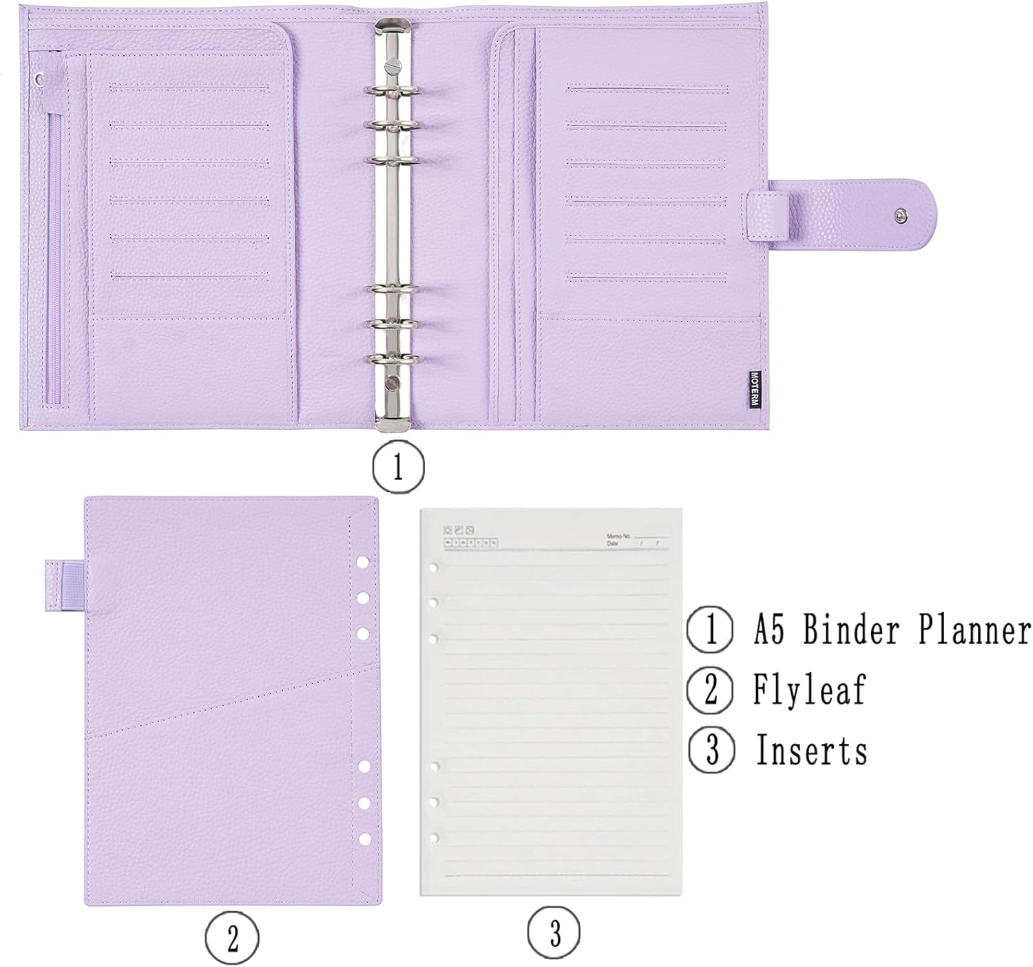 Moterm A5 Luxe Rings Planner - Genuine Leather Binder Organizer (30mm Ring, Pebbled-Lavender)