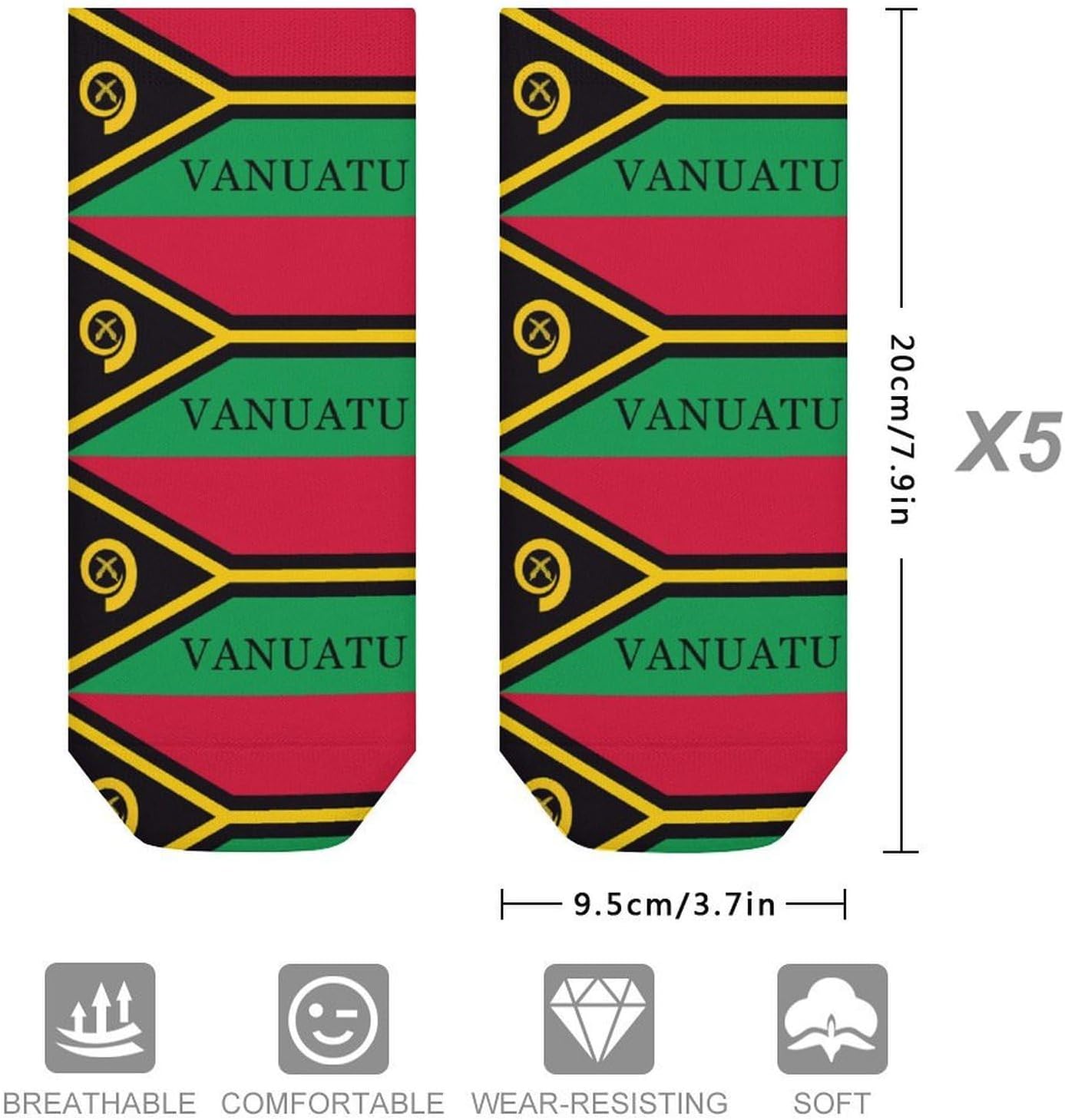Vanuatu Flag No Show Ankle Socks Low Cut Non Slip Flat Boat Line 5 Pairs Set
