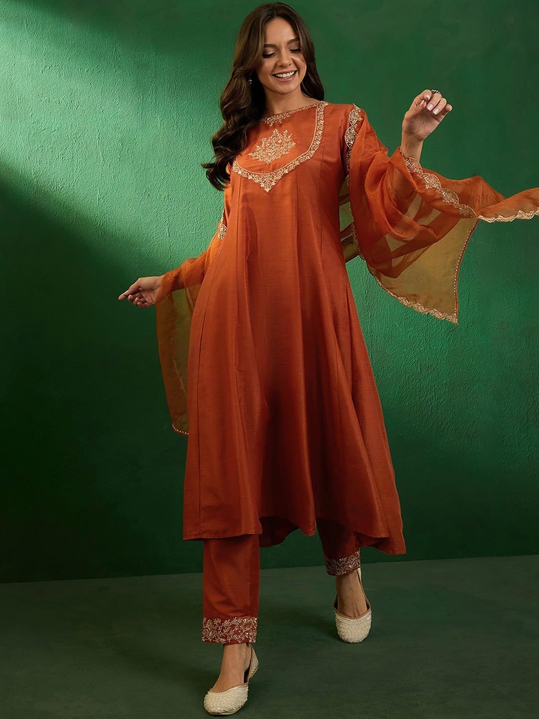 TRENDMALLS Women's Silk Embroidery A line Kurta Pant Set with Dupatta (G263-Orange-XL)