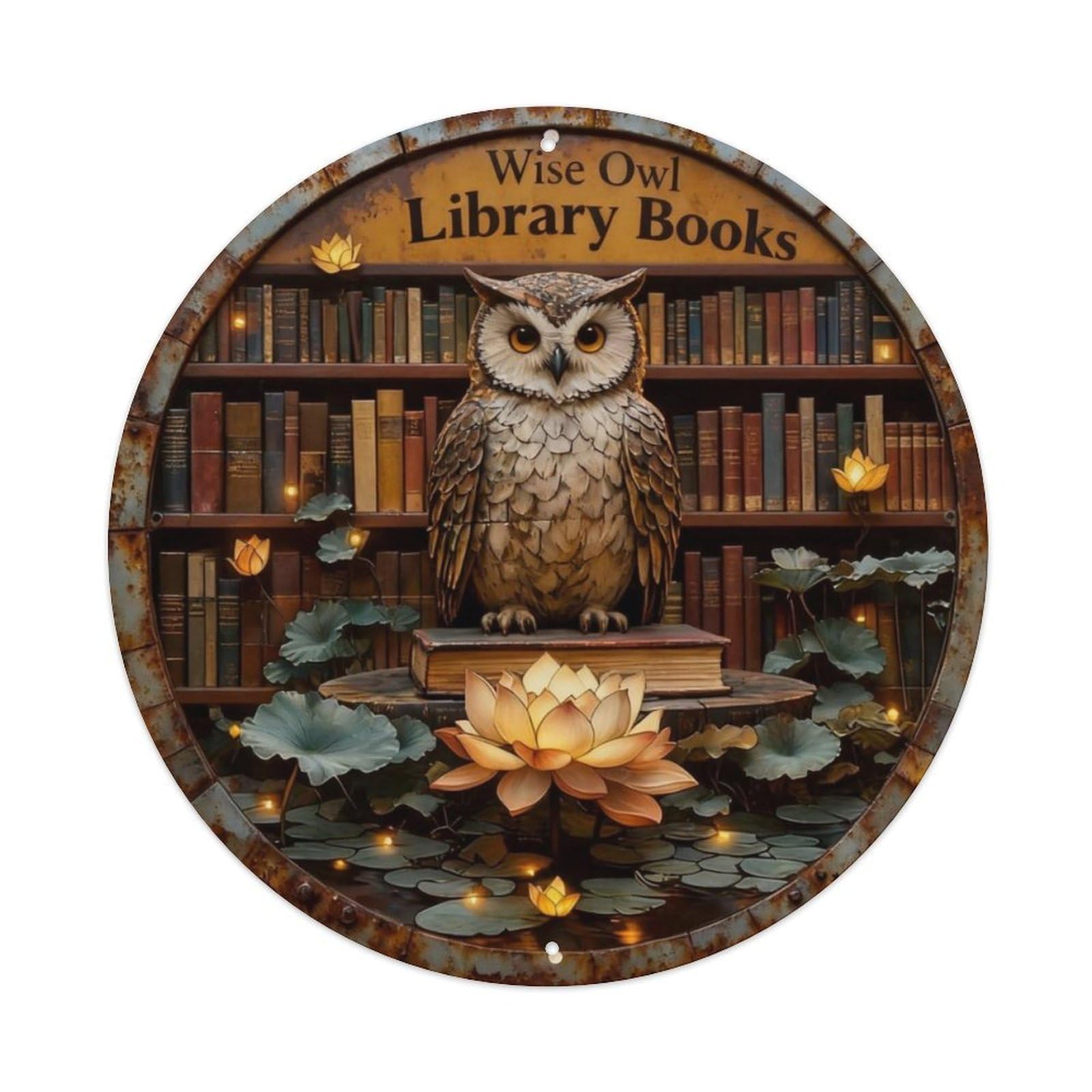 Wise Owl Library Books Metal Tin Sign Plaque