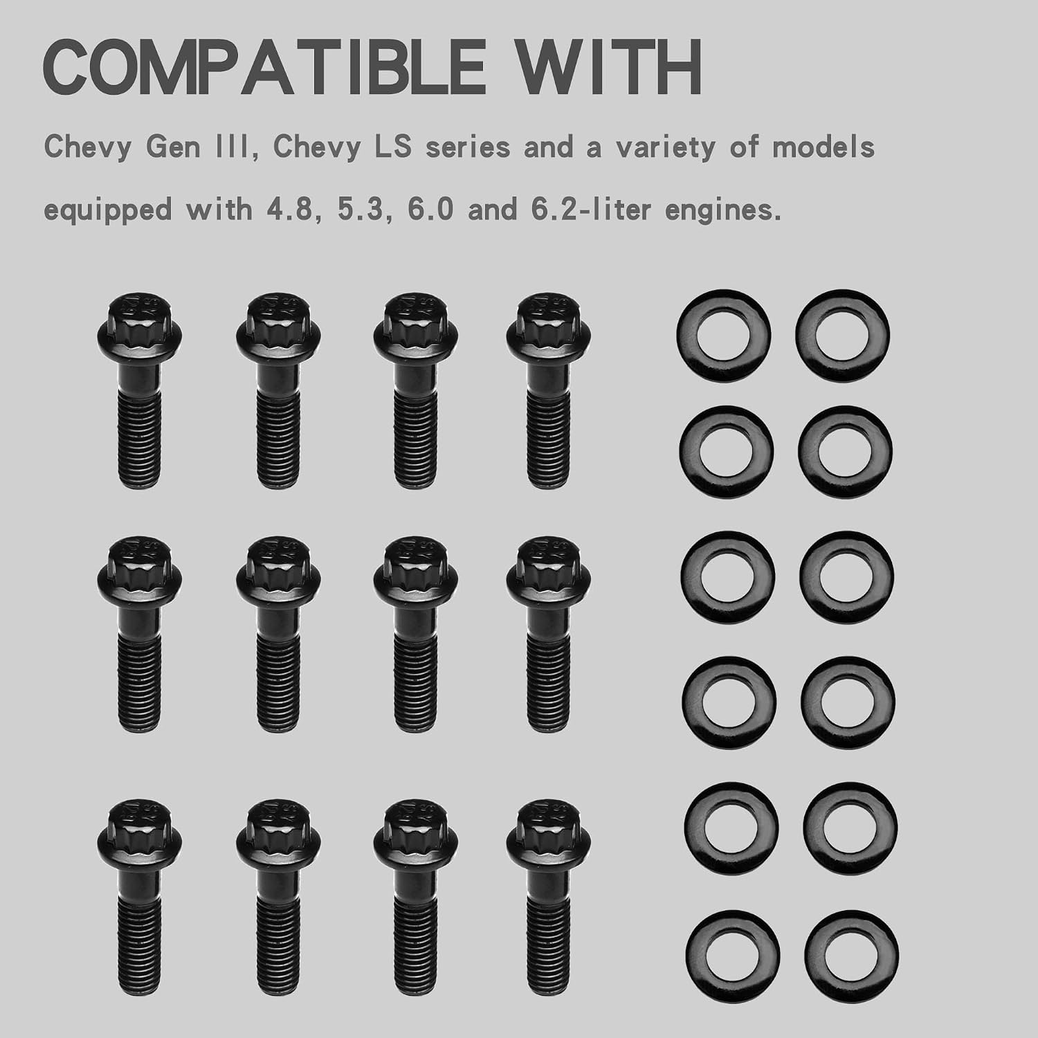 Chromoly Header Bolt Kits for Chevrolet Gen III/LS Series with 4.8, 5.3,5.7 6.0, 6.2,7.0 litres, 3/8" Wide Replace # 134-1202 (12PCS)