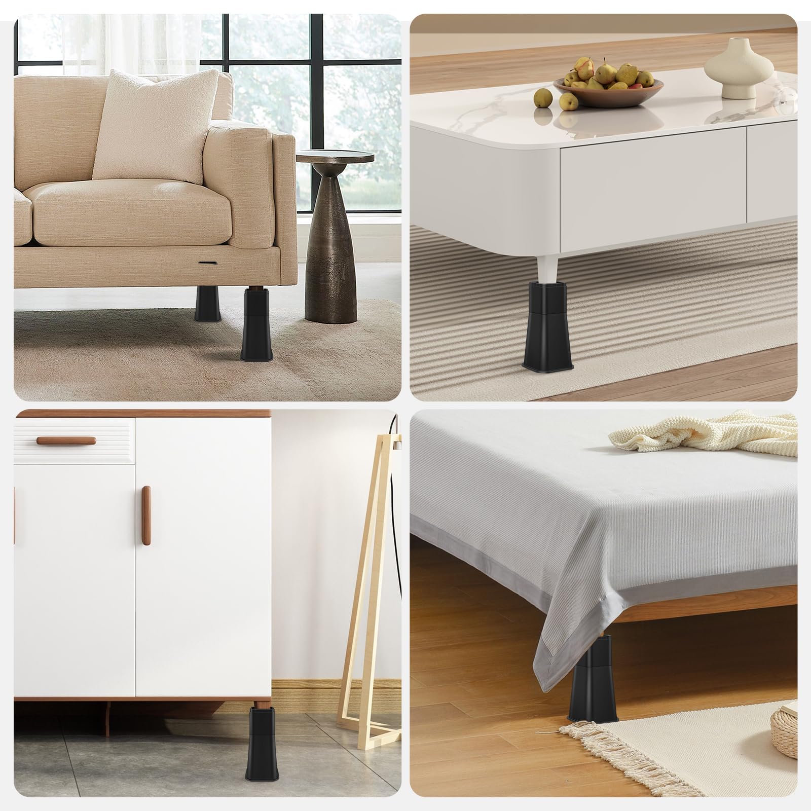 Elevadores ajustables para muebles de cama, elevadores resistentes tanto para postes como para ruedas de muebles, sofá, cama, silla, mesa (paquete de 4, 12 pulgadas)