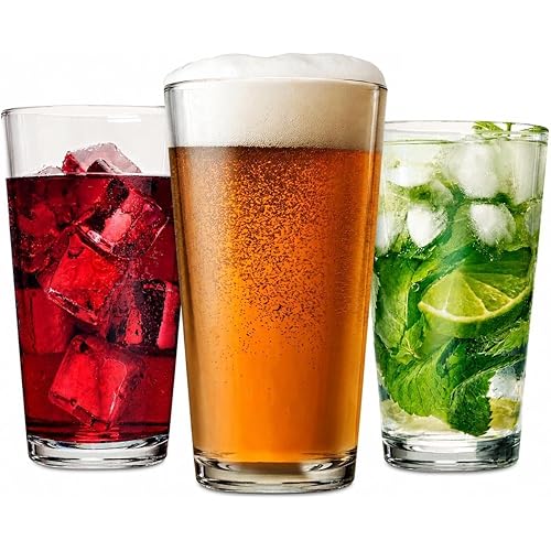 Drinking Glasses Set of 12-16 oz Glass Cups - Pint & Beer Glasses - Dishwasher Safe Water Glasses - Highball Tumblers