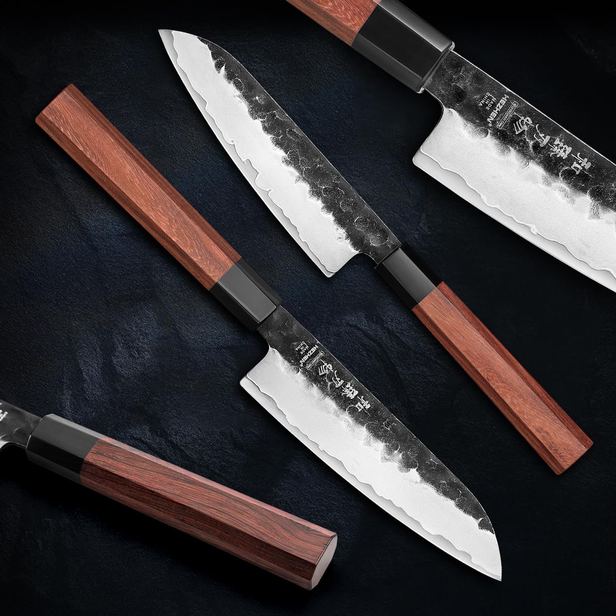 HEZHEN Kleines Santokumesser, Ultra-Scharfes Allzweck-Gyutomesser im Japanischen Stil, Achteckiger Griff aus Rotholz