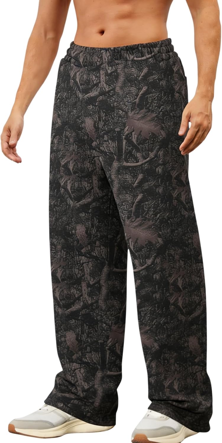 Mens Baggy Camo Sweatpants Open Bottom Elastic Waisted Wide Leg Fleece Joggers Loose Sweat Pants wtih Pockets