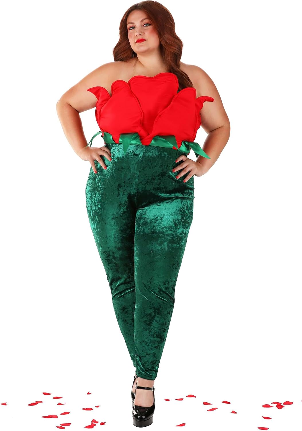 Women's Plus Size Red Rose Costume | Romantic Pretty Flower Jumpsuit with Back Zipper