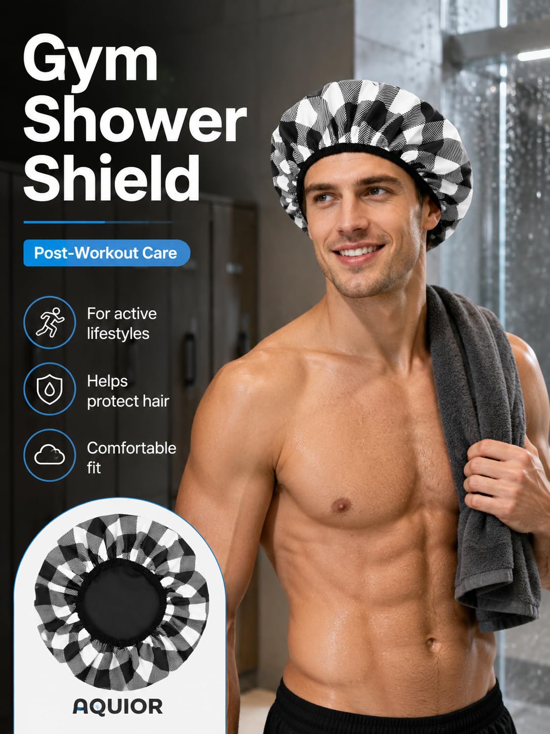 Aquior Shower Cap for Men, Large Waterproof Reusable Shower Cap for Braids & Long Hair, Jumbo Double-Sided Hair Cap for Shower, 13" Reversible Large Mens Bath Cap