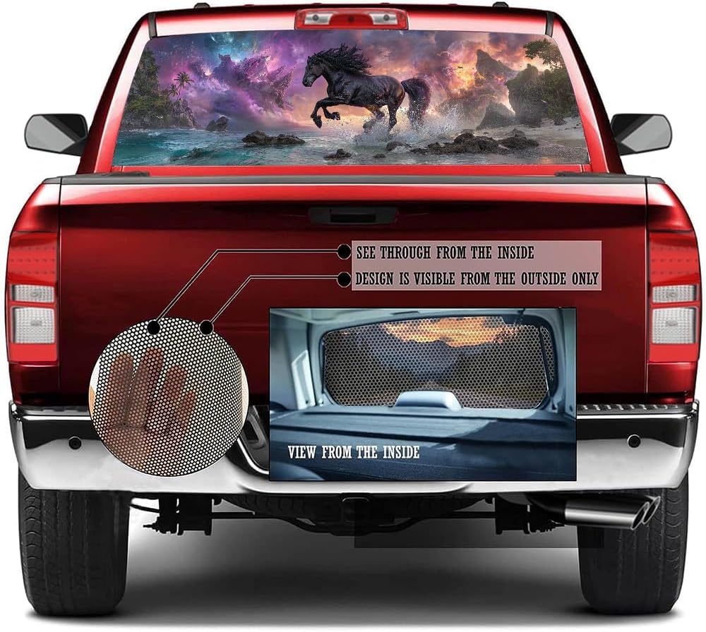 Colorful Horse Truck Rear Window Graphic Decals, Mythical Animals Mountain Pickup Car Window Stickers Truck Back Window Film Decal for Trucks SUV 66 x 22 inch