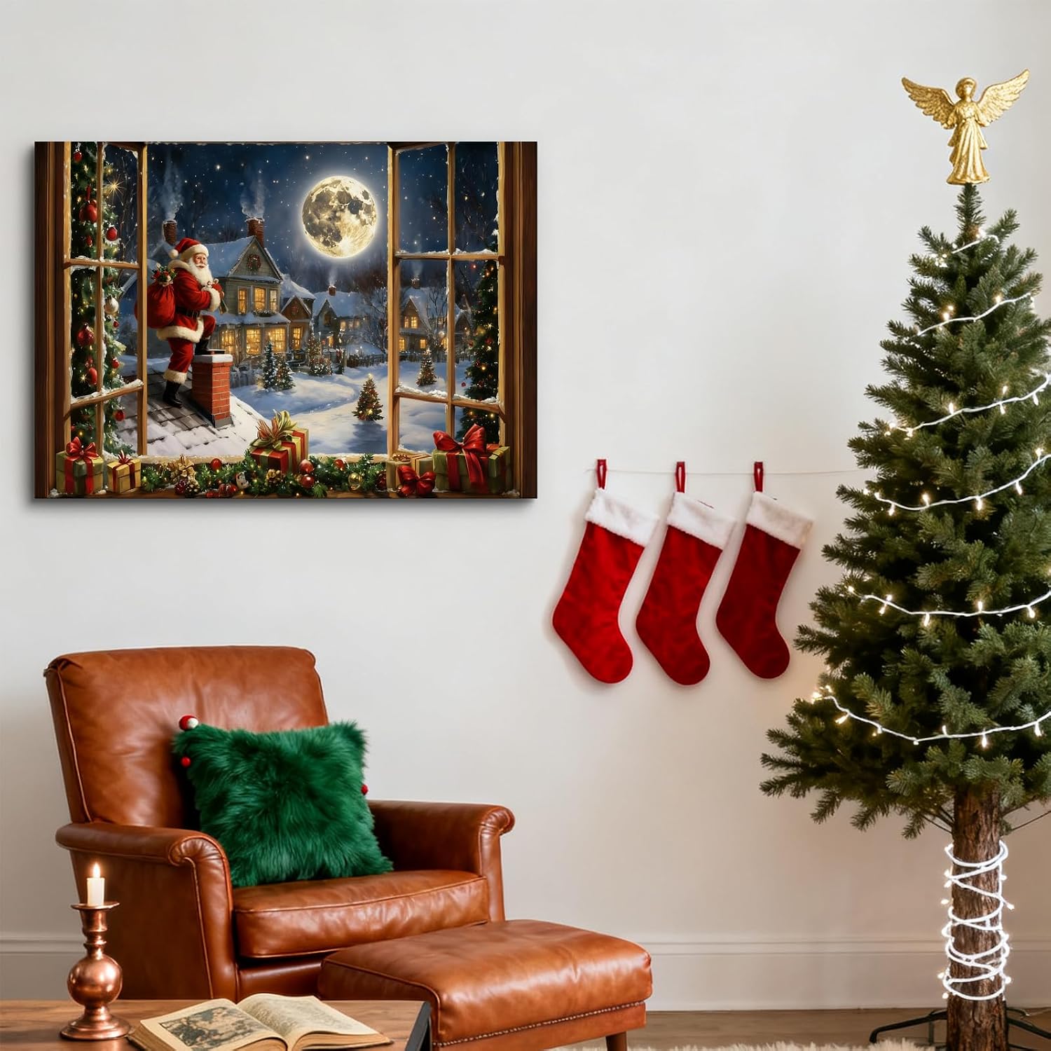 Vintage Santa Framed Christmas Window Canvas Wall Art for Living Room, Santa on Chimney Moonlit Snowy Village Pictures, Rustic Winter Night Wall Decor for Bedroom Farmhouse, 12 x 16 mas Poster