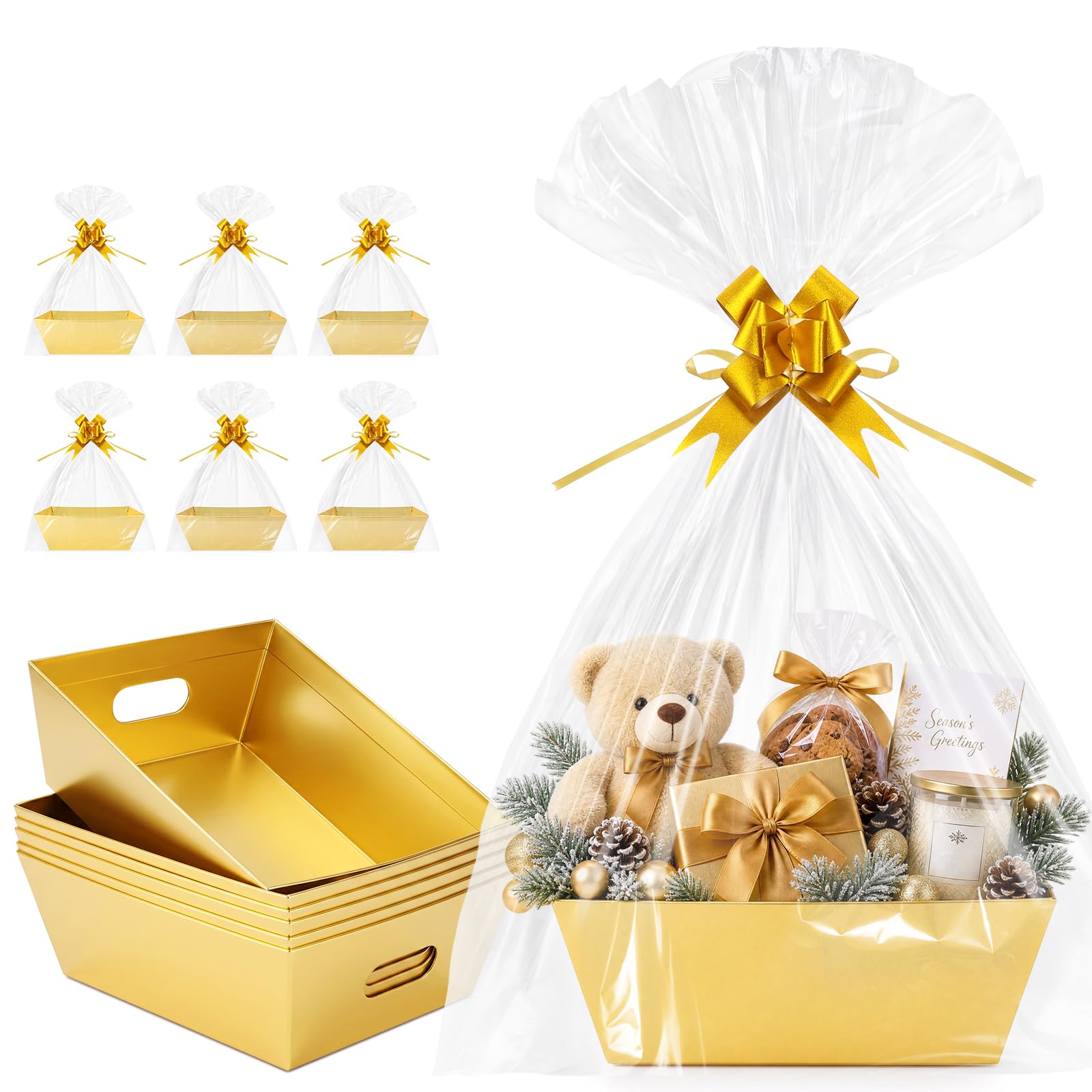 HOMIEE 6 Pack Gold Gift Basket, Sturdy Hamper Baskets for Gifts Empty