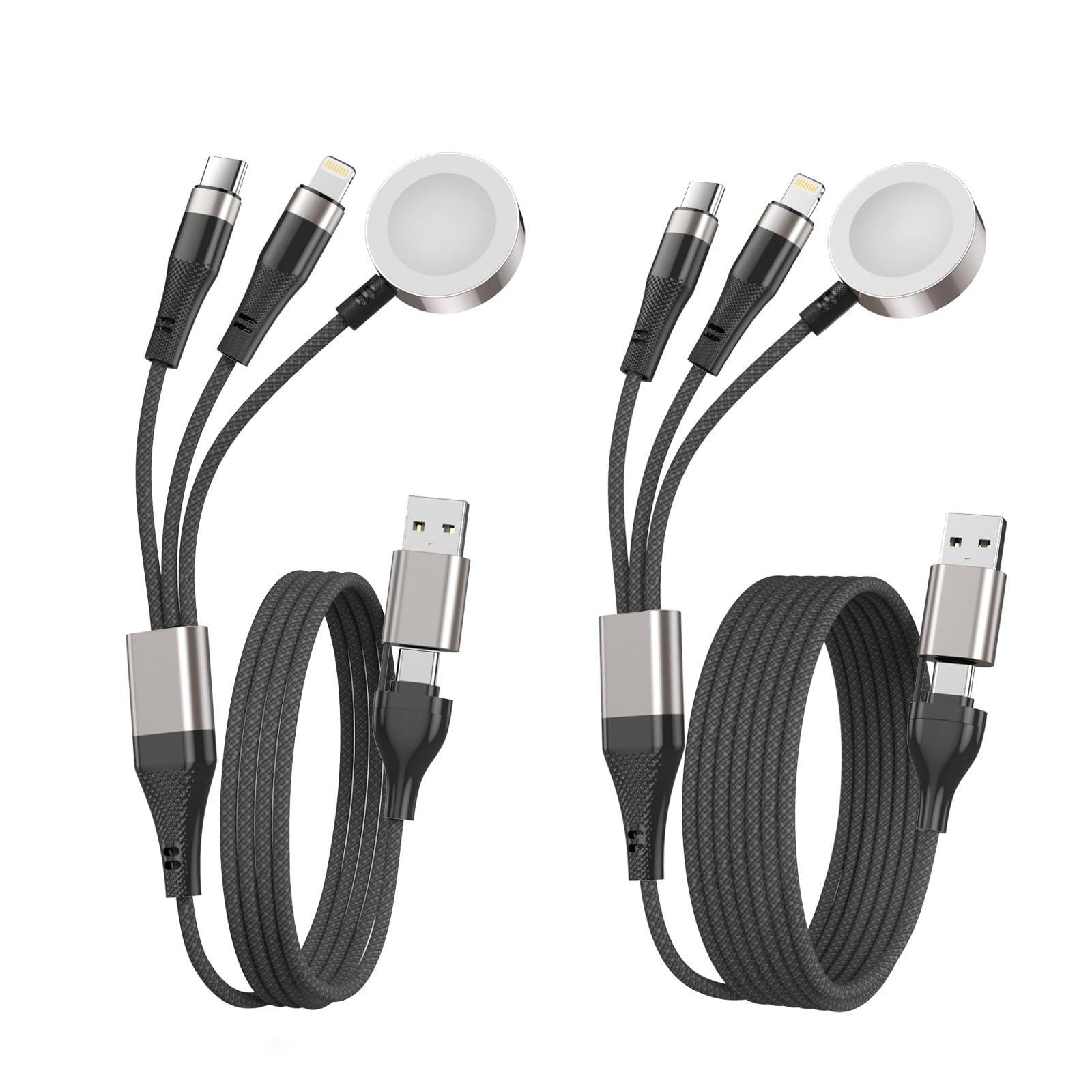 Travel Essentials - Paquete de 2 cables de carga multirápida de 2/6 pies para cargador de Apple Watch/iPhone, cable USB C 3 en 2 USB A/tipo C/Lightning compatible con iWatch Ultra/SE/10-1/iPhone 16-11