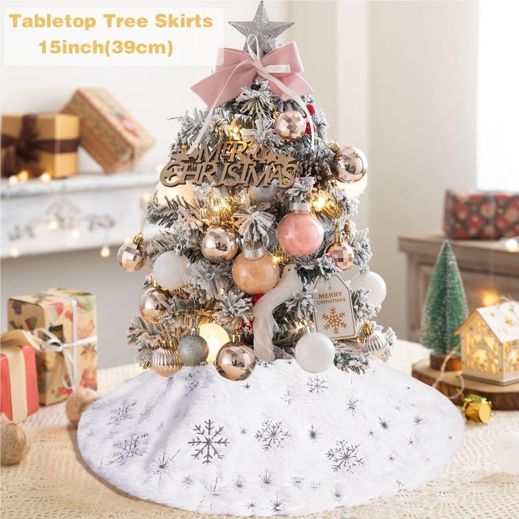 Tree Skirt Christmas Christmas Tree Skirt Small Mini Decoration Desktop Christmas Tree Apron Gold and Silver Snowflake Tree Skirt Christmas Tree Skirts(Small)