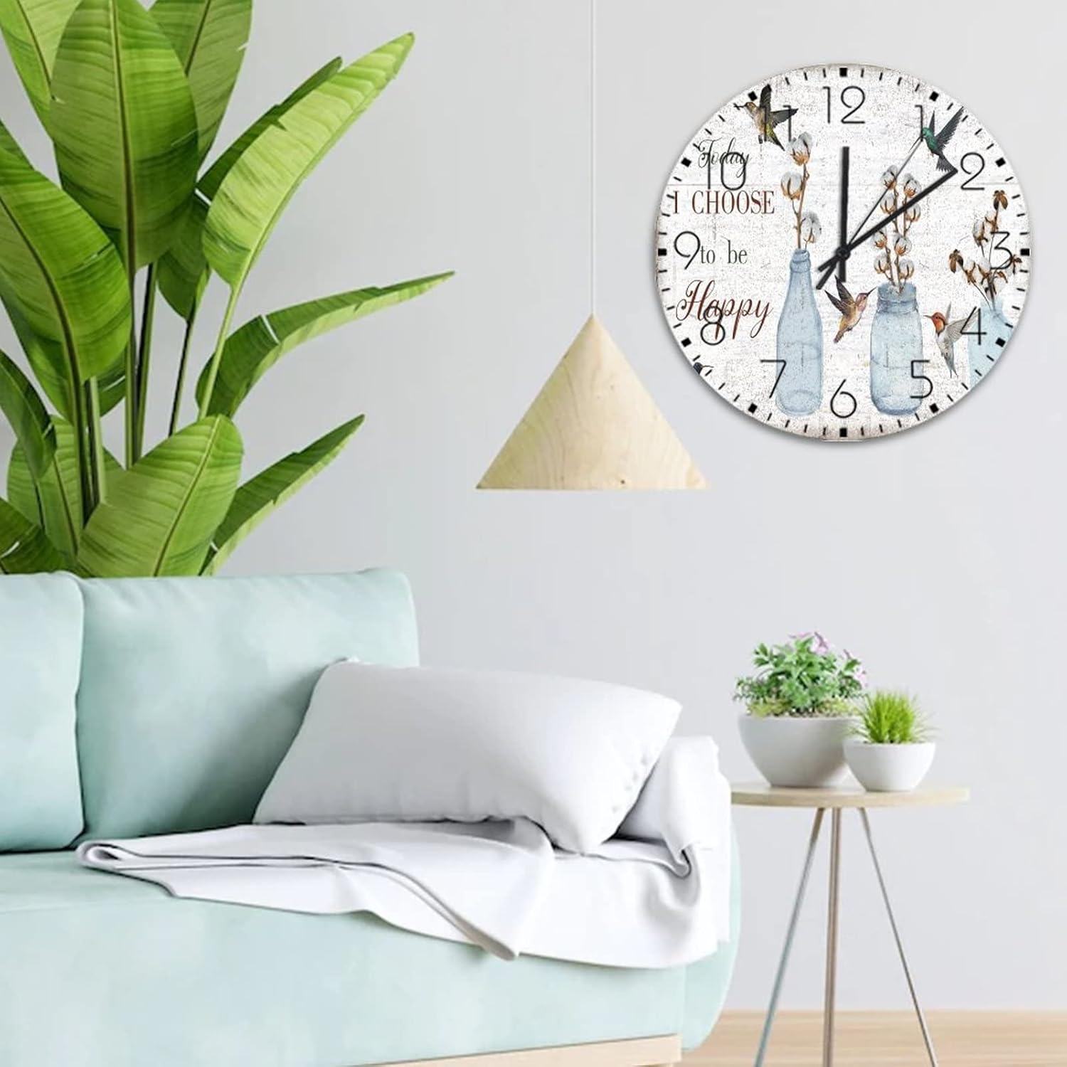 15" Wood Wall Clock Today I Choose Be Happy Wooden Wall Decor for Classroom Custom Sprigs White Cotton Blooms Floral Wall Clocks Silent Non-Ticking Wooden Wall Clock Country for Porch Washroom
