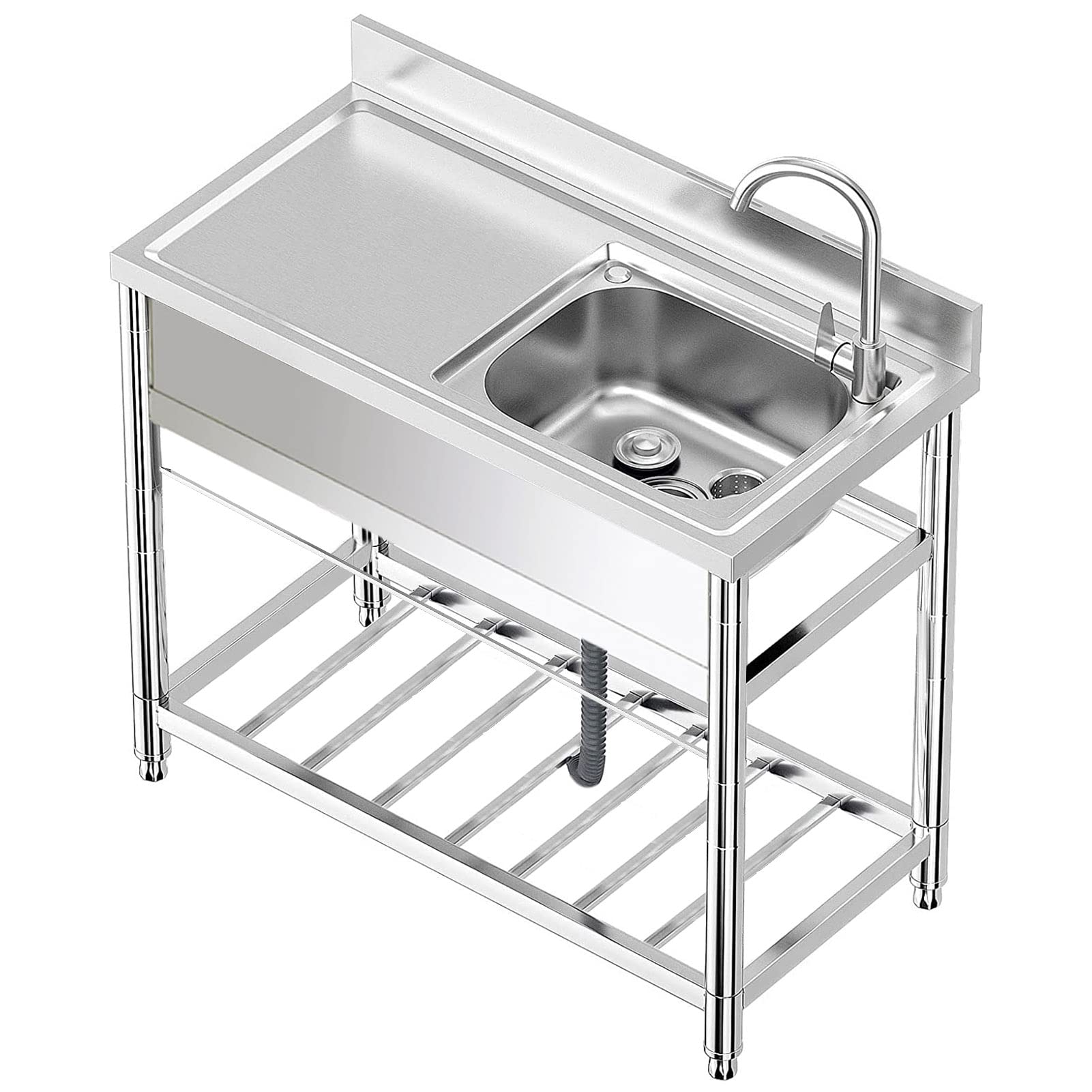ZQFHSX Free Standing Stainless-Steel Single Bowl Commercial Restaurant Kitchen Sink Set w/Taps & Drainboard, Prep Utility Washing Hand Basin w/Workbench Double Storage Shelves（39.4x20.1x31.5inch）