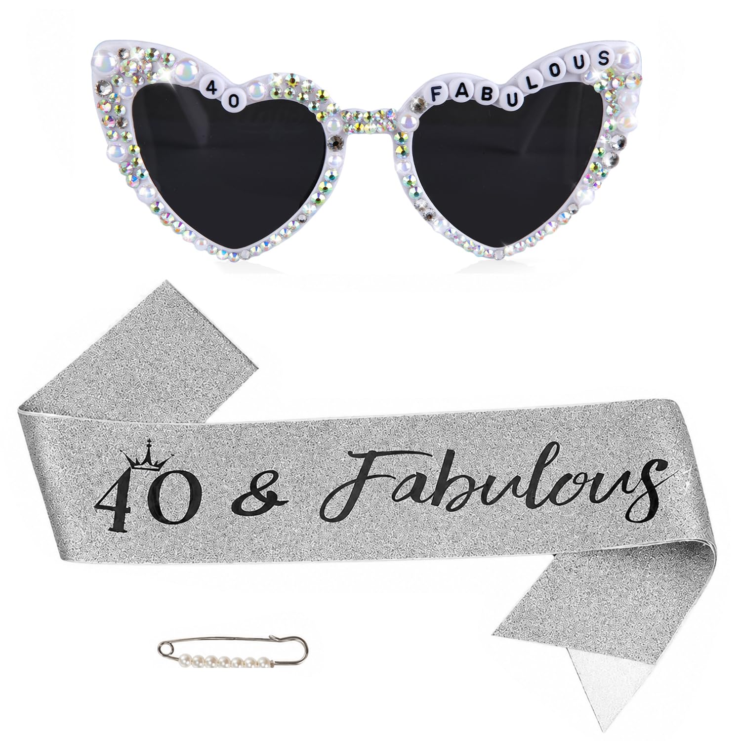 40th Birthday Glasses with Sash, White Heart Sunglasses for Women, 40 FABULOUS Shiny Bling Diamond Pearl Sunglasses, 40 Years Old Birthday Party Gifts Supplies Eyeglasses Photo Props Accessories