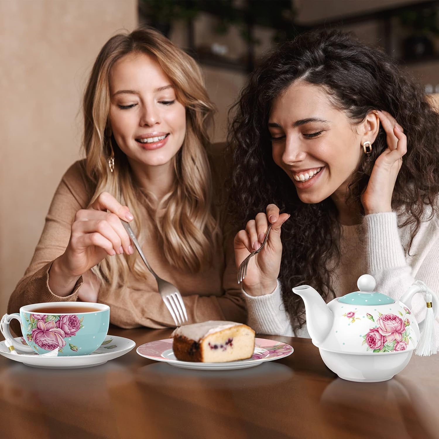 London Boutique Tea for One Teapot Teacup Saucer Set Afternoon Tea Set for 1 New Bone China Vintage Flora Gift for Women 350m (Turquoise)