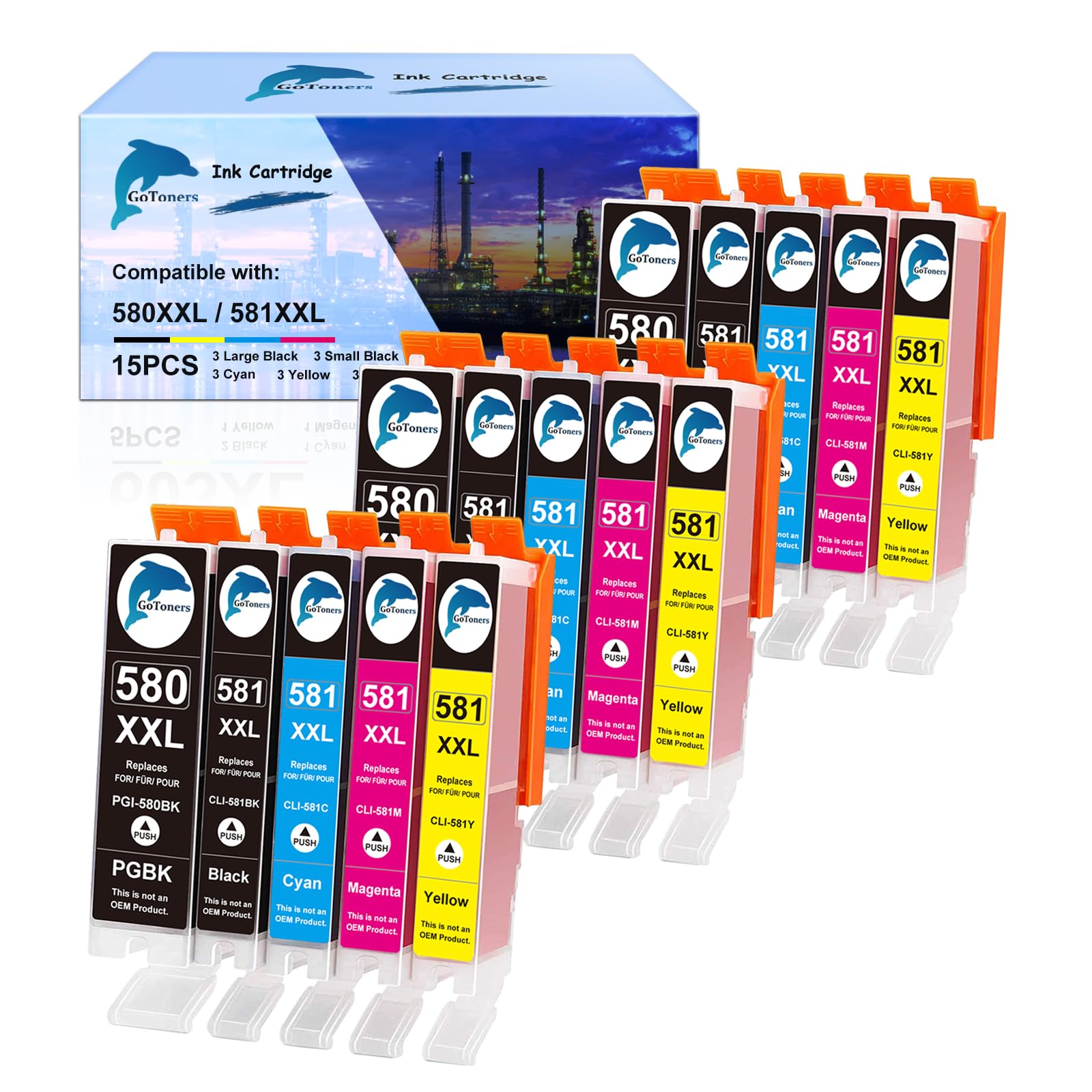 GoToners XXL Patronen Kompatibel für Canon 580 581 Druckerpatronen PGI-580 CLI-581 für Canon Pixma TR8550 TS705 TS6350 TS6350a TS705a TS6351 TS6250 TS6150 TS9550 TS6300 TS6251 TR7550 (15er-Pack)
