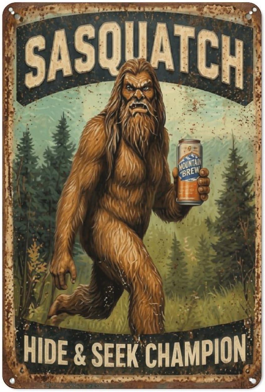Funny Sasquatch Metal Tin Sign, Bigfoot Hide and Seek Champion Vintage Wall Decor, Rustic Retro Beer Metal Poster for Man Cave, Cabin, Bar, Garage, Bigfoot Lover Gift