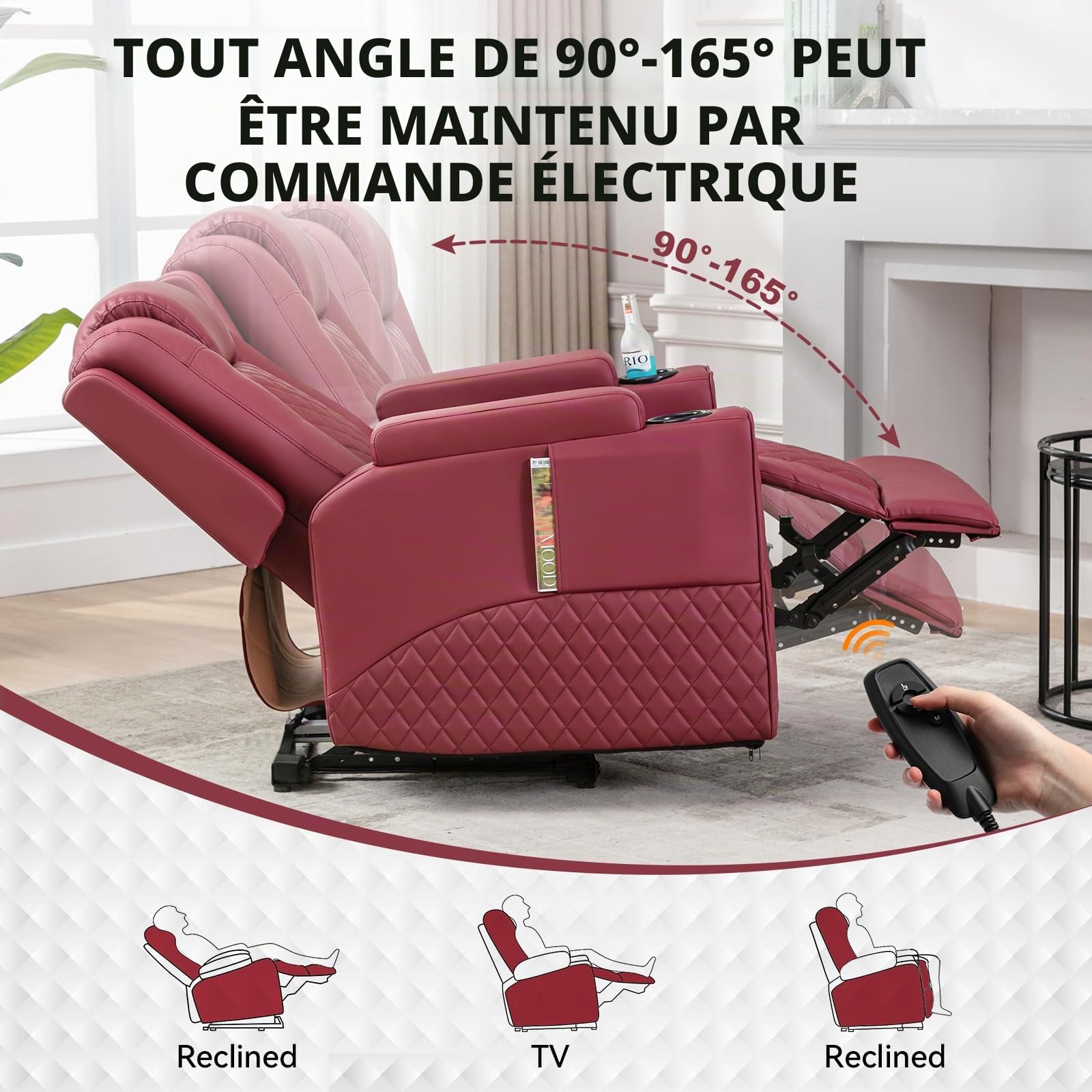 COMHOMA Fauteuil de relaxation avec fonction allongée, fauteuil de relaxation, avec LED, réglable électrique, jusqu'à 150 kg, avec fonction massage, salon, chambre à coucher, home cinéma, rouge