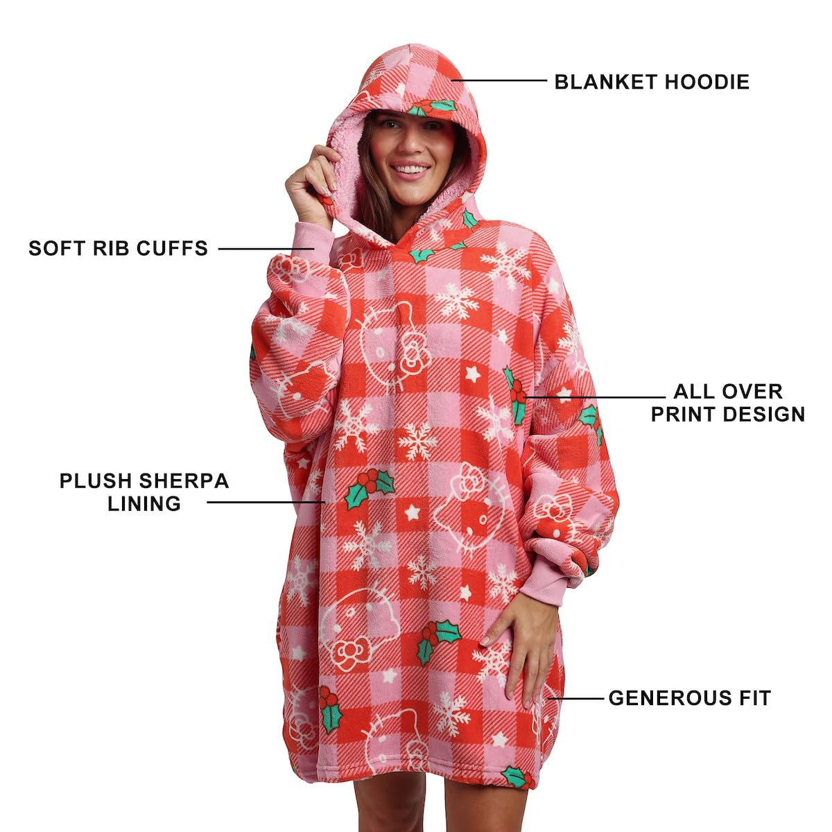 Pattern Red Hooded Wearable Oversize Blanket-OSFA: Hello Kitty Christmas Line Art