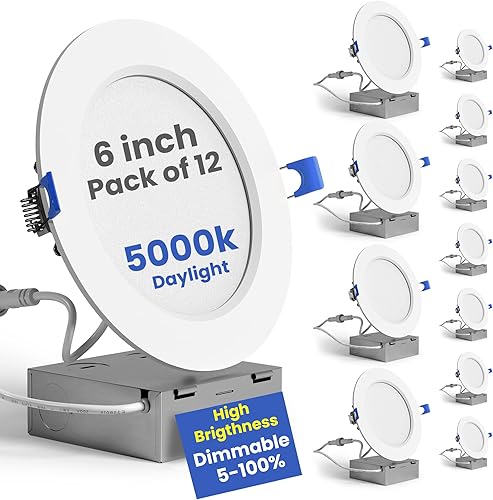 SunLake - Paquete de 12 luces LED empotrables de techo ultrafinas con caja de conexiones, regulable, certificado ETL y Energy Star (luz diurna de