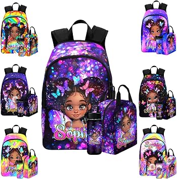InterestPrint Personalized Girl Backpack for Girls Purple Sparkling Buttetfly Afro Girls Custom Girl Bookbags with Lunch Bag Box 4 in 1 Kids Backpack Set Schoolbag for School Season