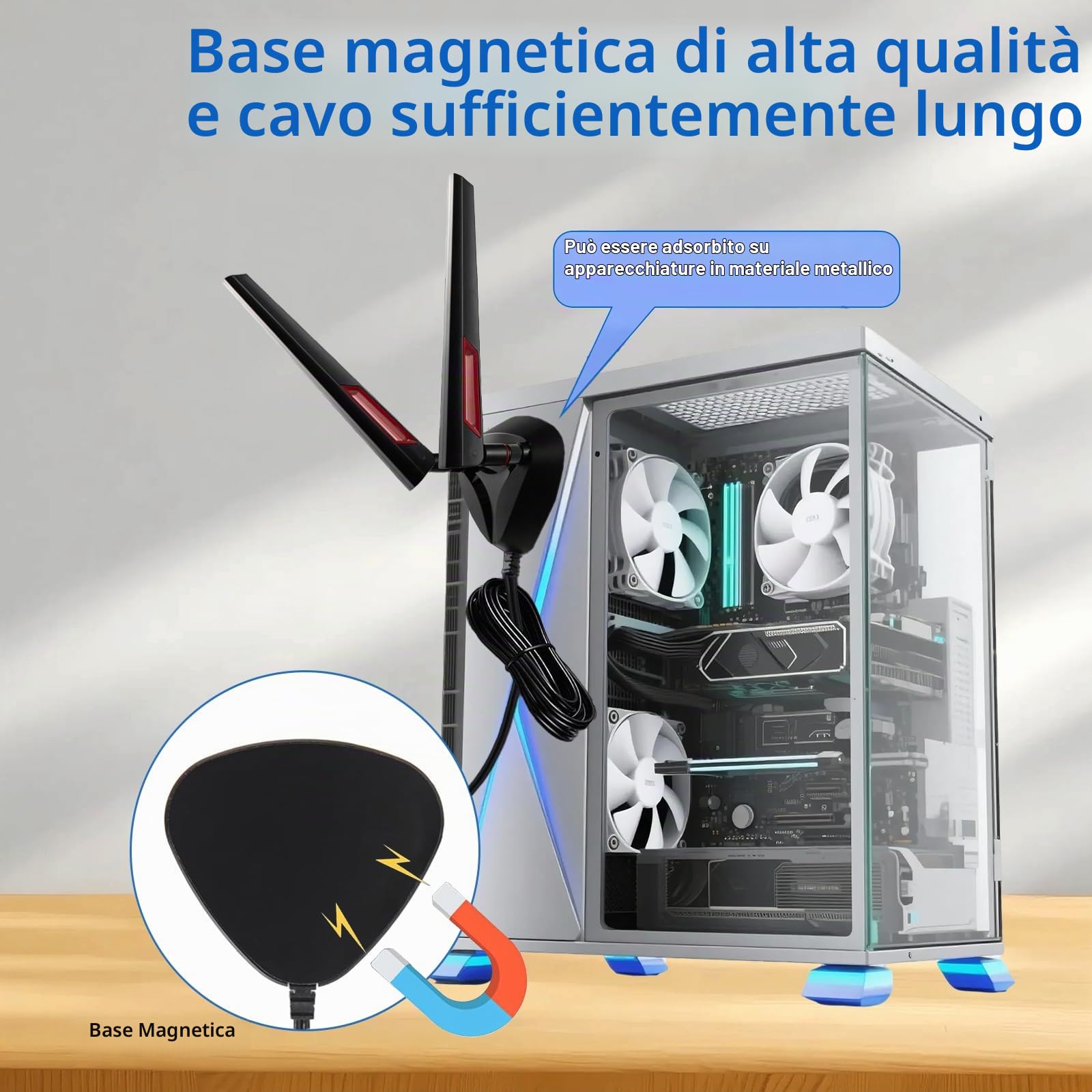 Antenna WiFi 6E Tri-Band 6GHz 5GHz 2,4GHz RP-SMA Antenna WLAN Base magnetica con prolunga da 2 m/6,6 ft per PC Bluetooth scheda madre WiFi 6 router fotocamera PC desktop wireless